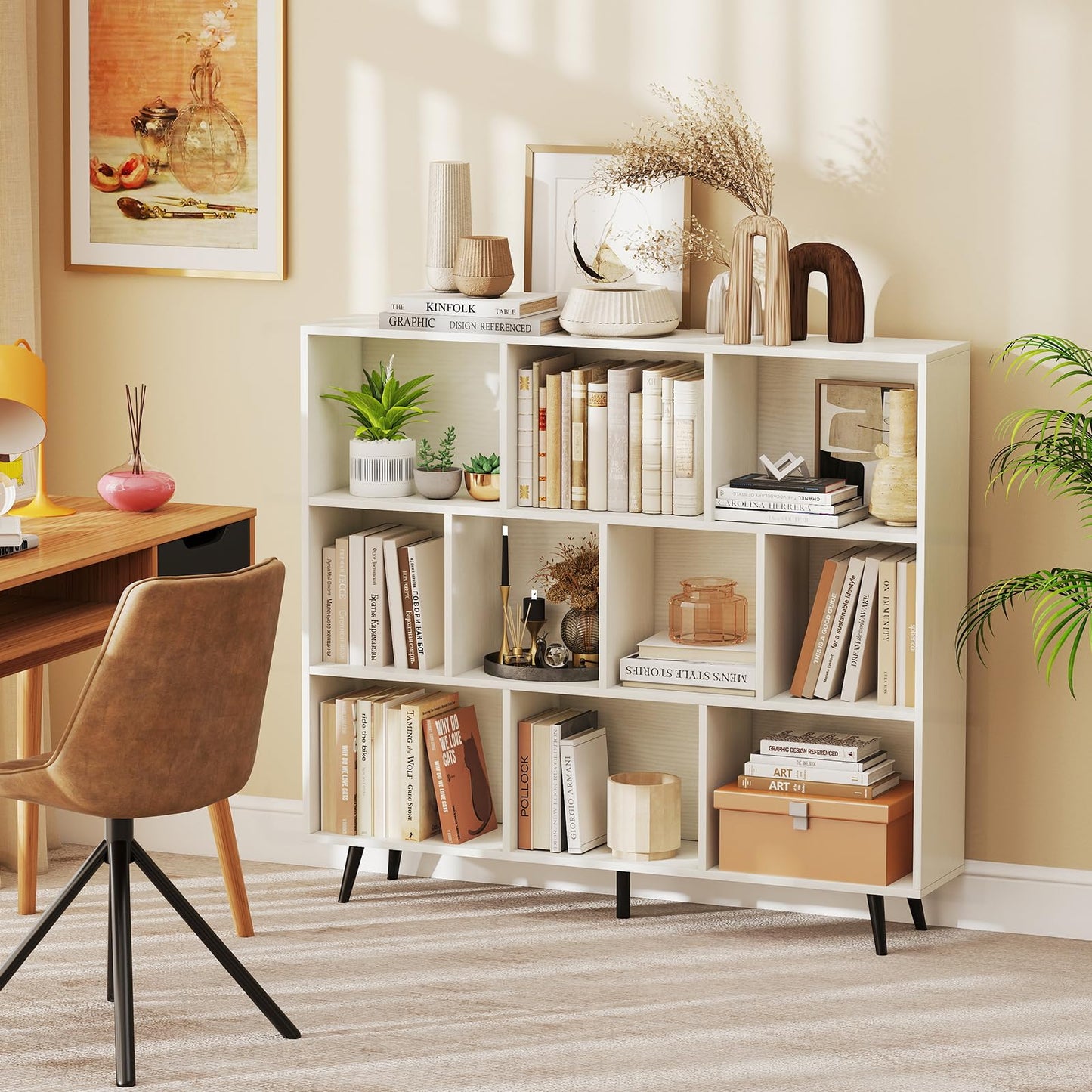 Tangkula 10-Cube Bookcase | Modern 47" L Storage Bookshelf with 5 Tapered Metal Legs & 2 Anti-Tip Kit