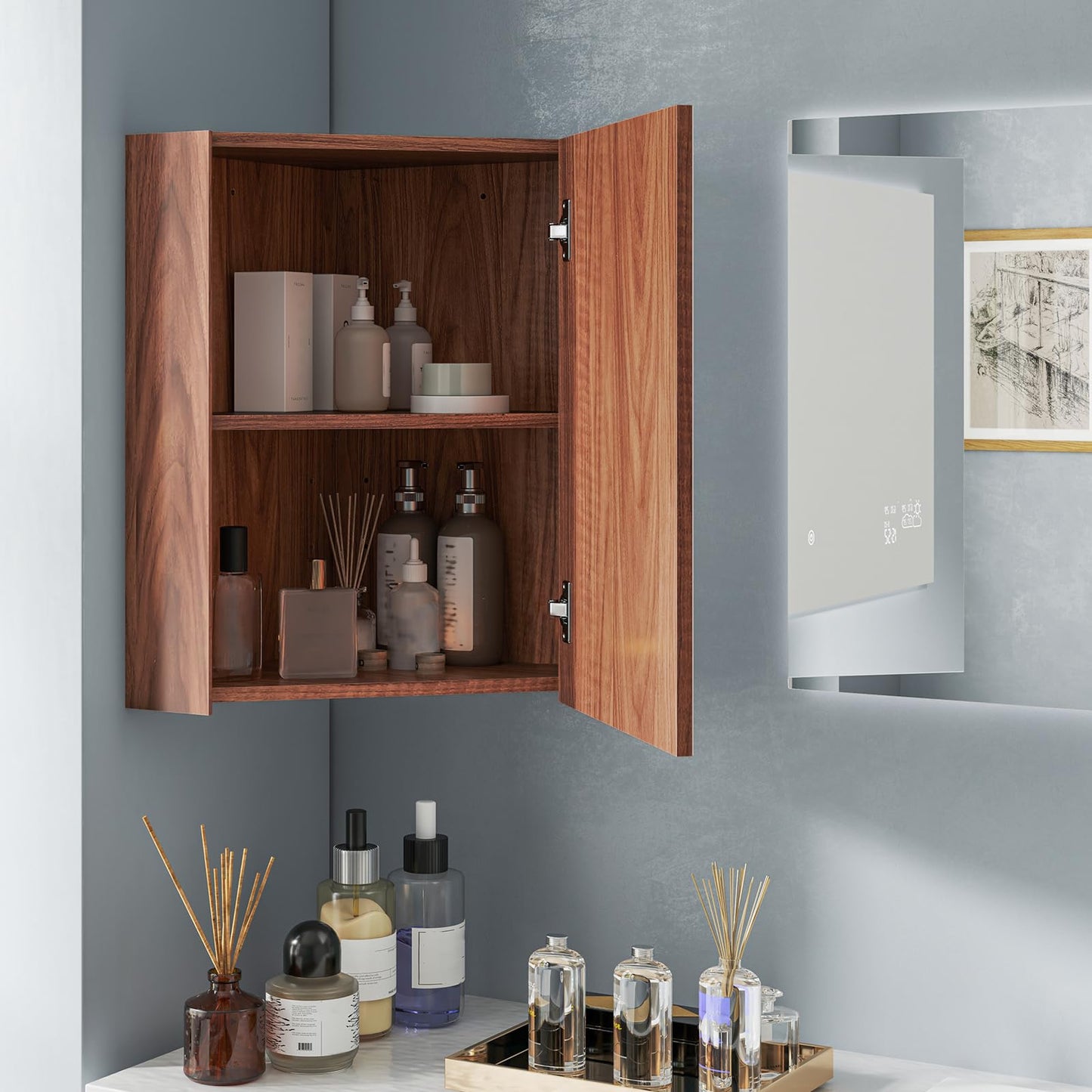 Tangkula Corner Medicine Cabinet with Mirror, 23.5" Wall Mounted Storage Cabinet Organizer with Left/Right Open Mirror Door & Adjustable Shelf