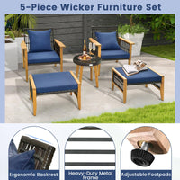 Tangkula 5 Piece Patio Furniture Set, Patiojoy Wicker Chair Set with Coffee Table & 2 Ottomans (Navy)