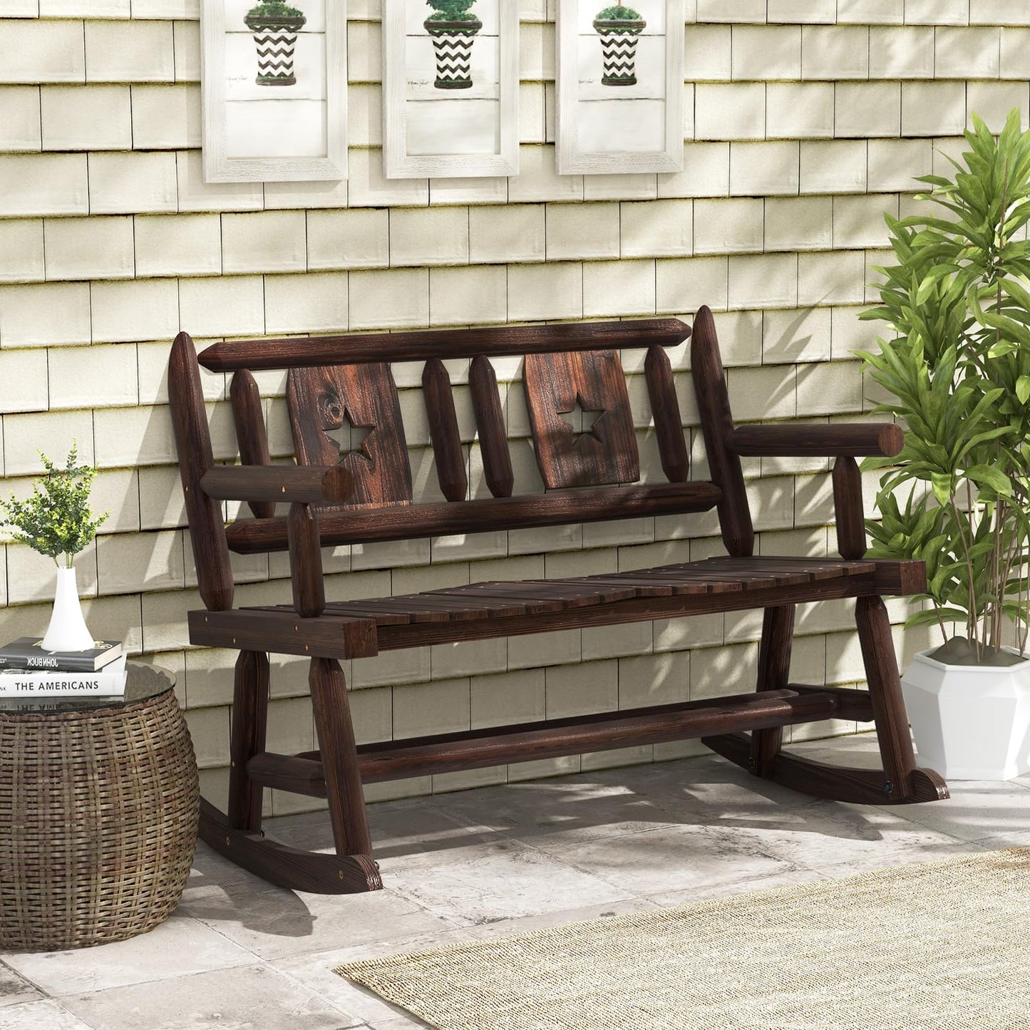 Tangkula Patio Rocking Bench, Carbonized Wood Double Rocker Chair with Ergonomic Seat