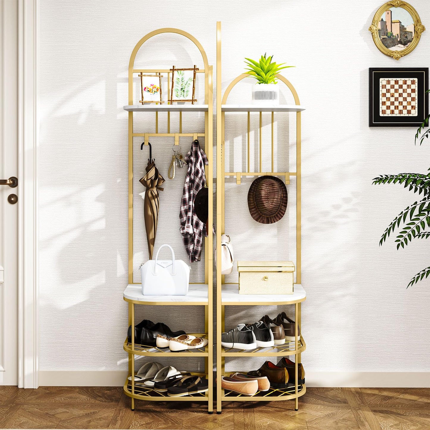 Tangkula 4-Tier Coat Rack Corner Hall Tree with Shoe Storage Bench