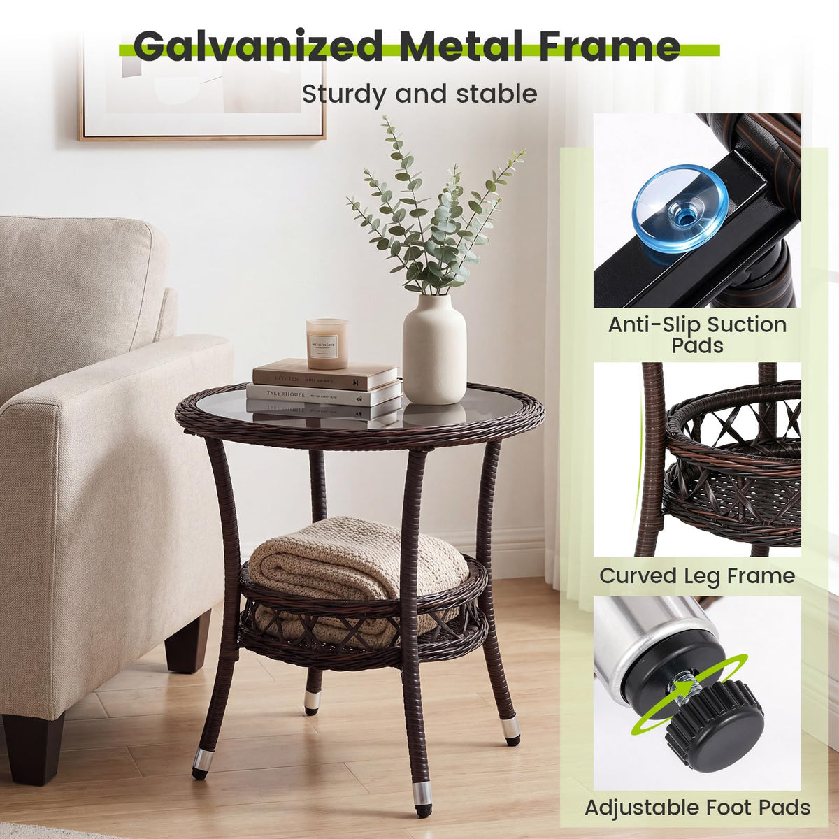 Tangkula Outdoor Rattan Side Table with Tempered Glass Top