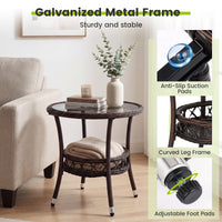 Tangkula Outdoor Rattan Side Table with Tempered Glass Top