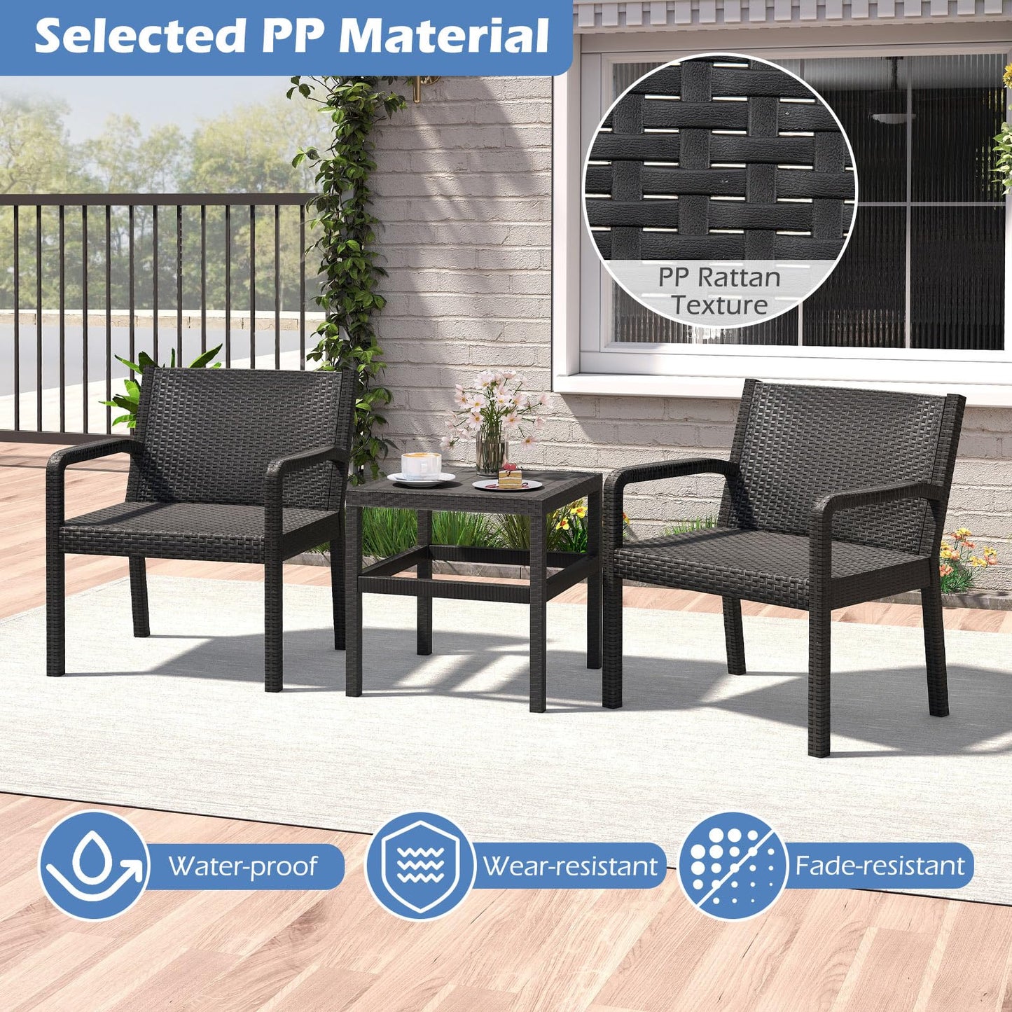 Tangkula 3 Piece Patio Furniture Set with 2 Modern Rattan Armchair and 25 Inch Squire Side Table