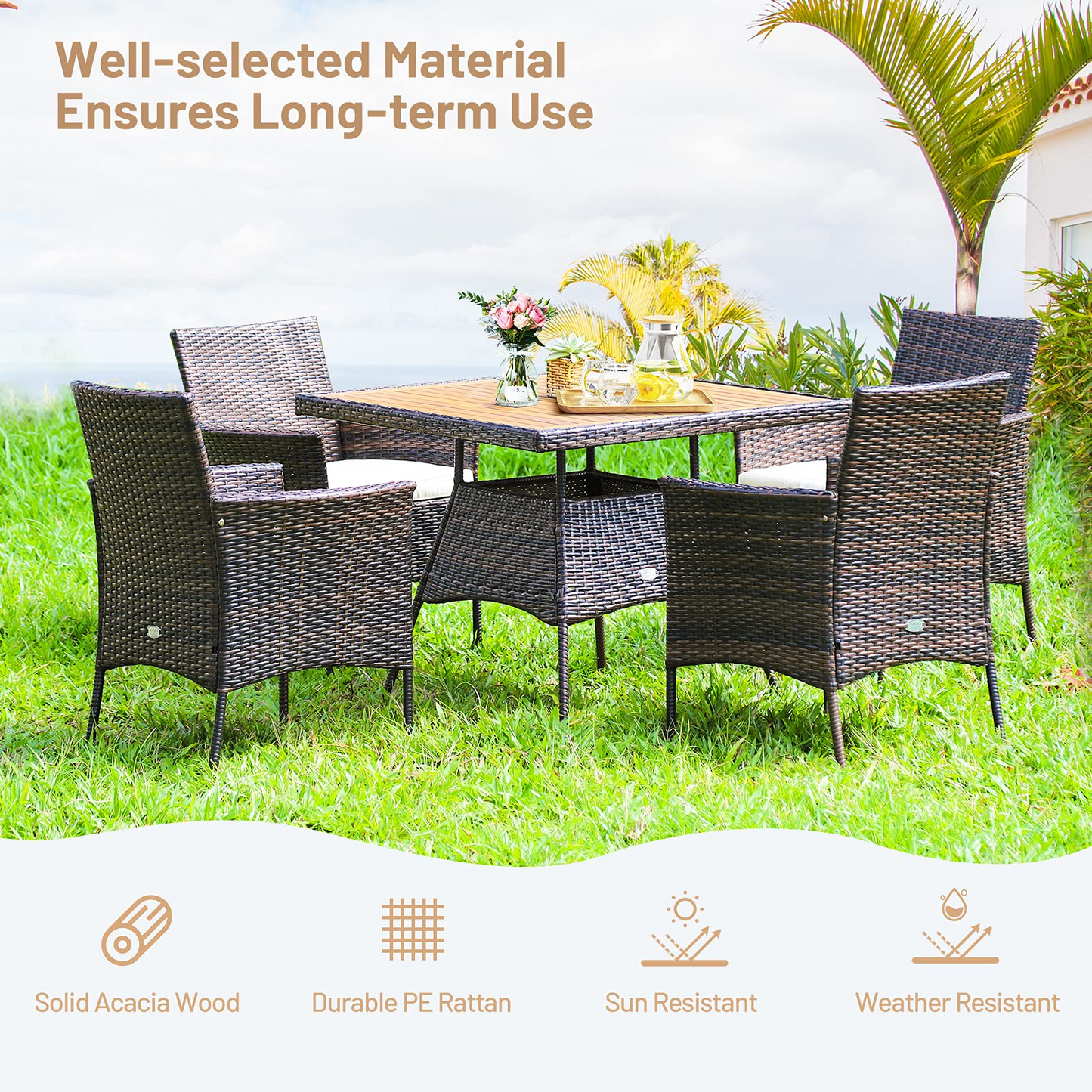 Tangkula 5 Pieces Wicker Patio Dining Set, Outdoor Acacia Wood Dining Furniture with 4 Armrest Chairs & 1 Dining Table
