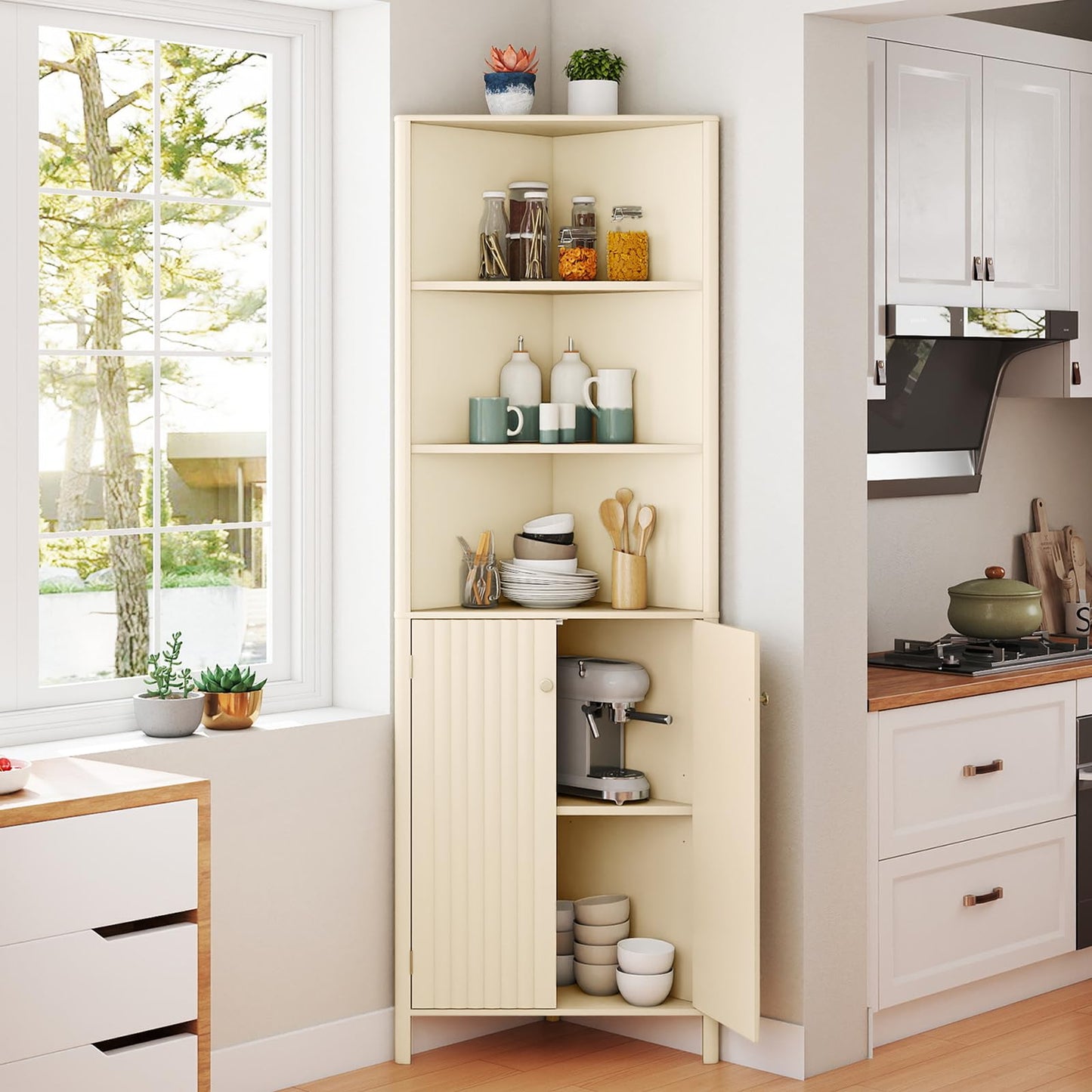 Tangkula Armoire d'angle haute de 173 cm avec 5 étagères et 2 portes cannelées