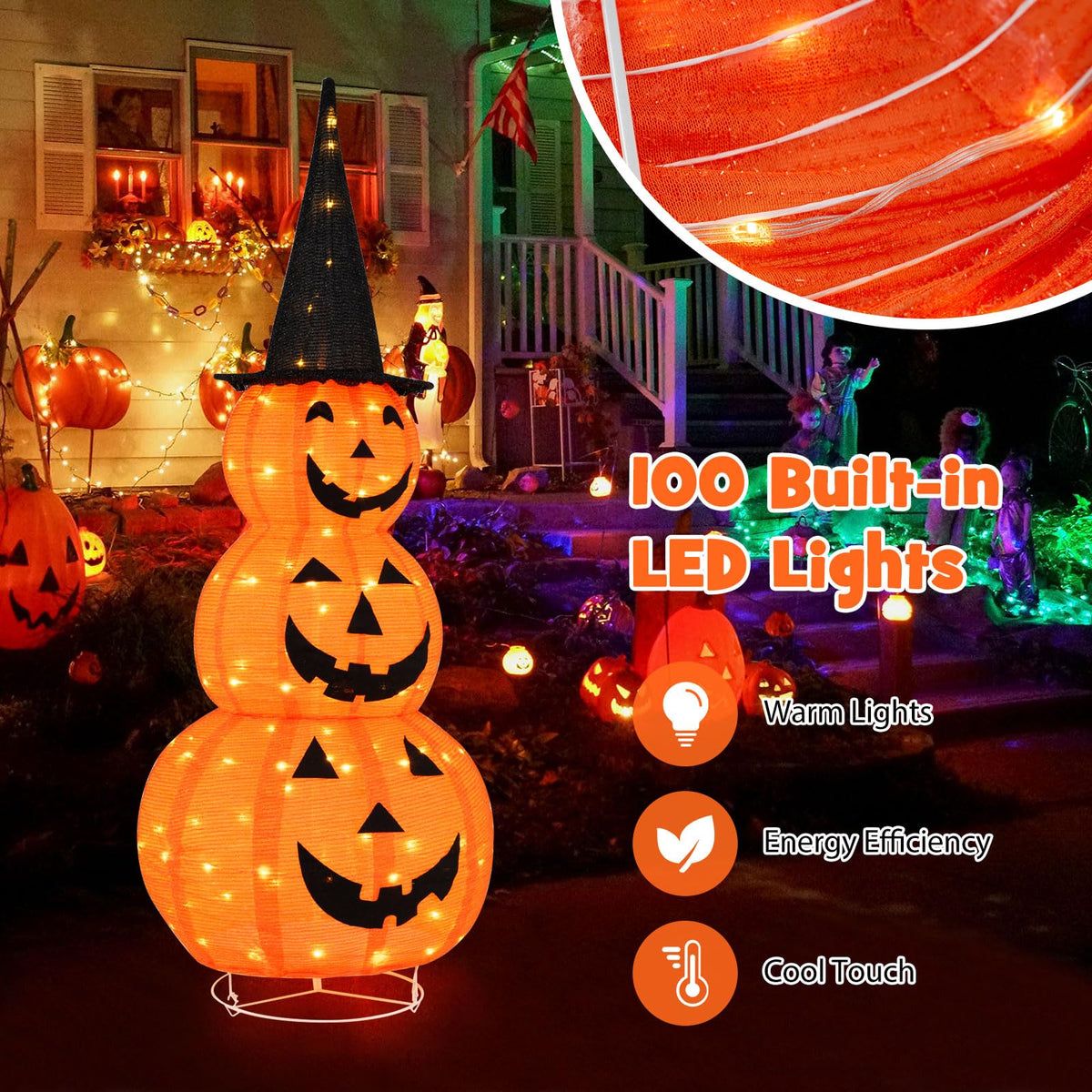 Tangkula Citrouilles empilées gonflables d'Halloween de 1,5 m avec chapeau de sorcière et 100 lumières LED