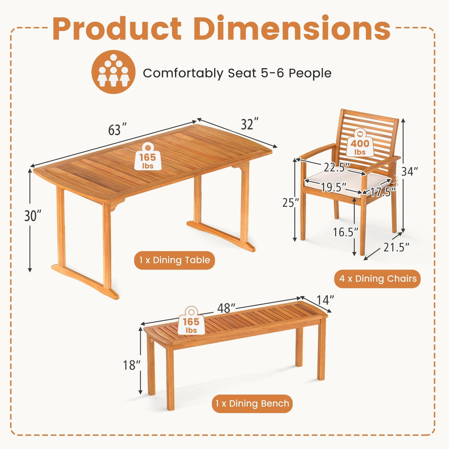 Tangkula 6 Pieces Outdoor Acacia Wood Dining Set for Backyard Garden Poolside Deck