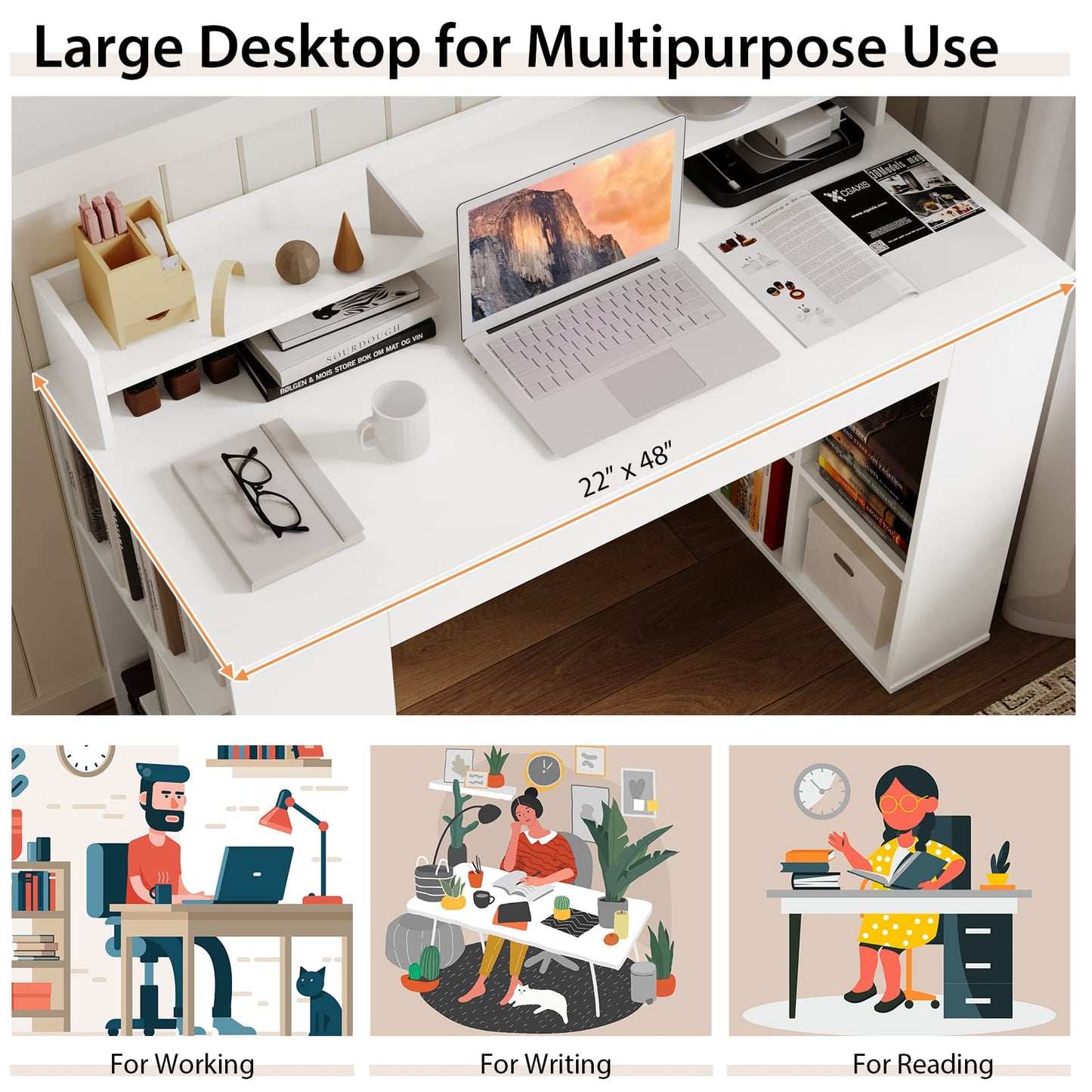 48" White Desk with Storage Bookshelf - Tangkula