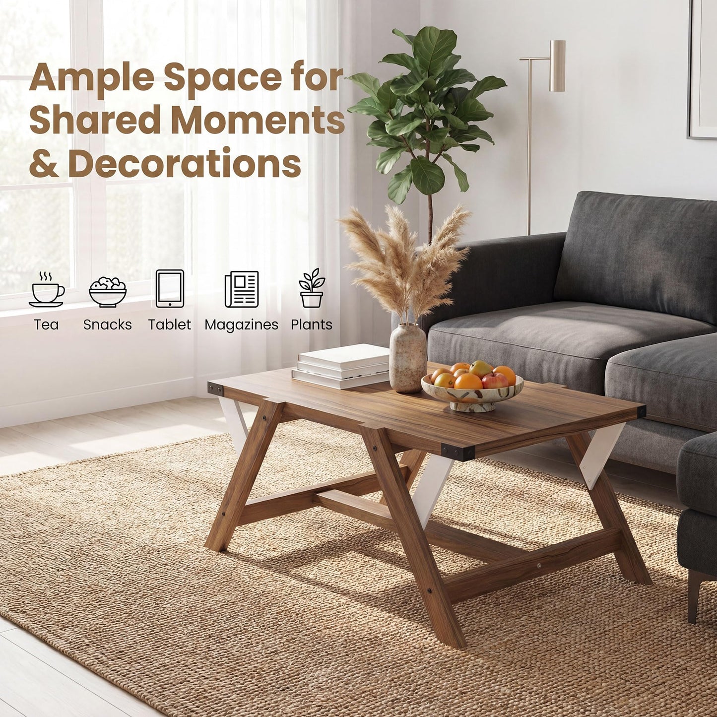 Tangkula Farmhouse 35.5-Inch Rectangle Wooden Coffee Table for Living Room