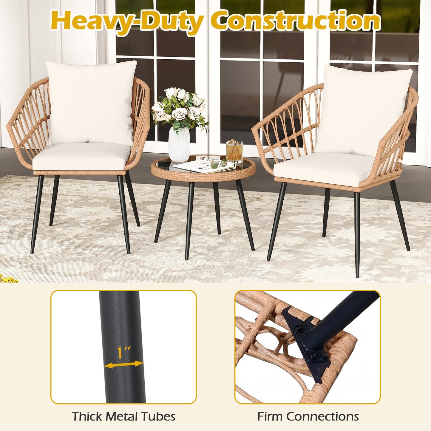 Tangkula 3 Piece Patio PE Rattan Conversation Chairs with Round Glass Table