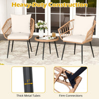 Tangkula 3 Piece Patio PE Rattan Conversation Chairs with Round Glass Table