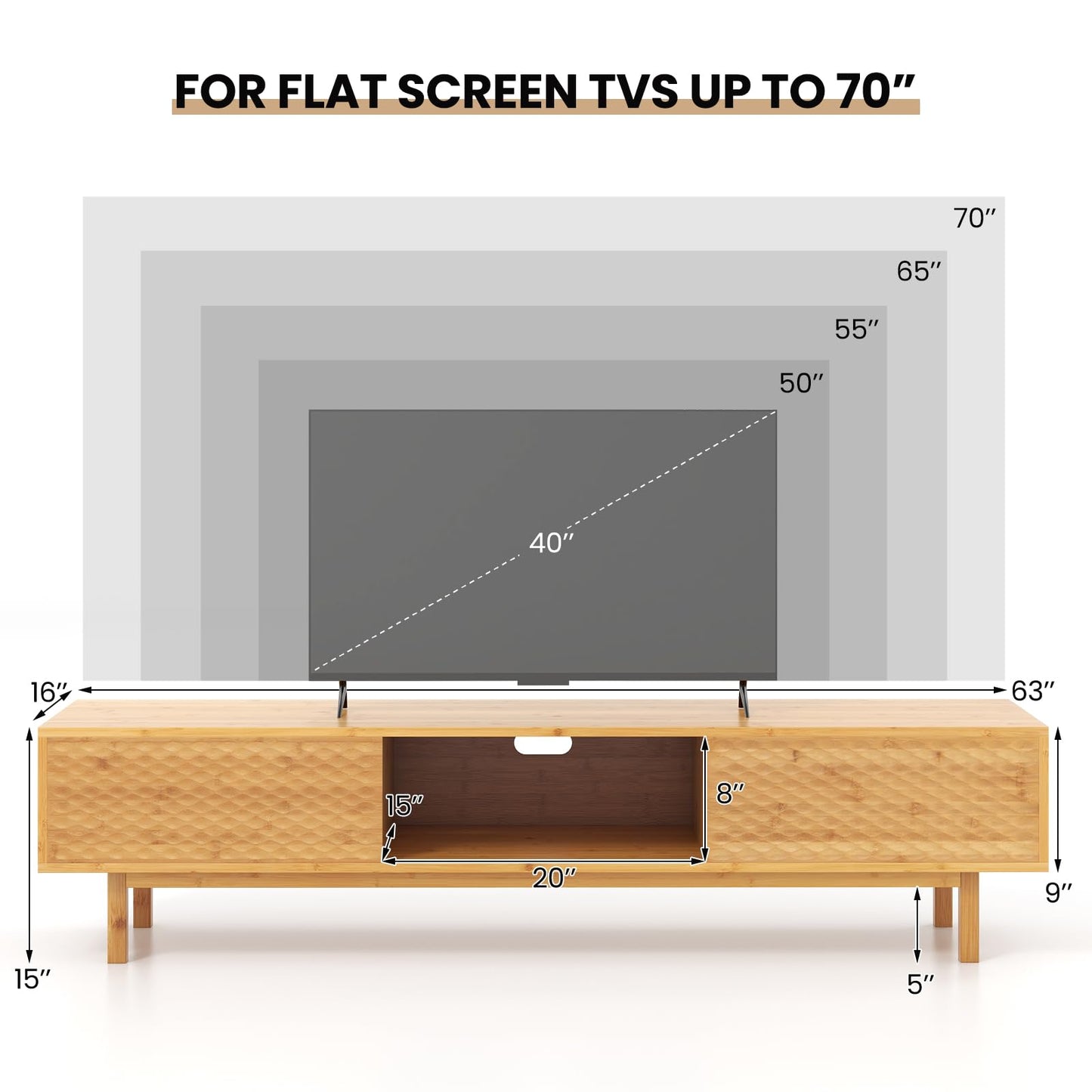 Tangkula Bamboo TV Stand for 65” 70” TVs