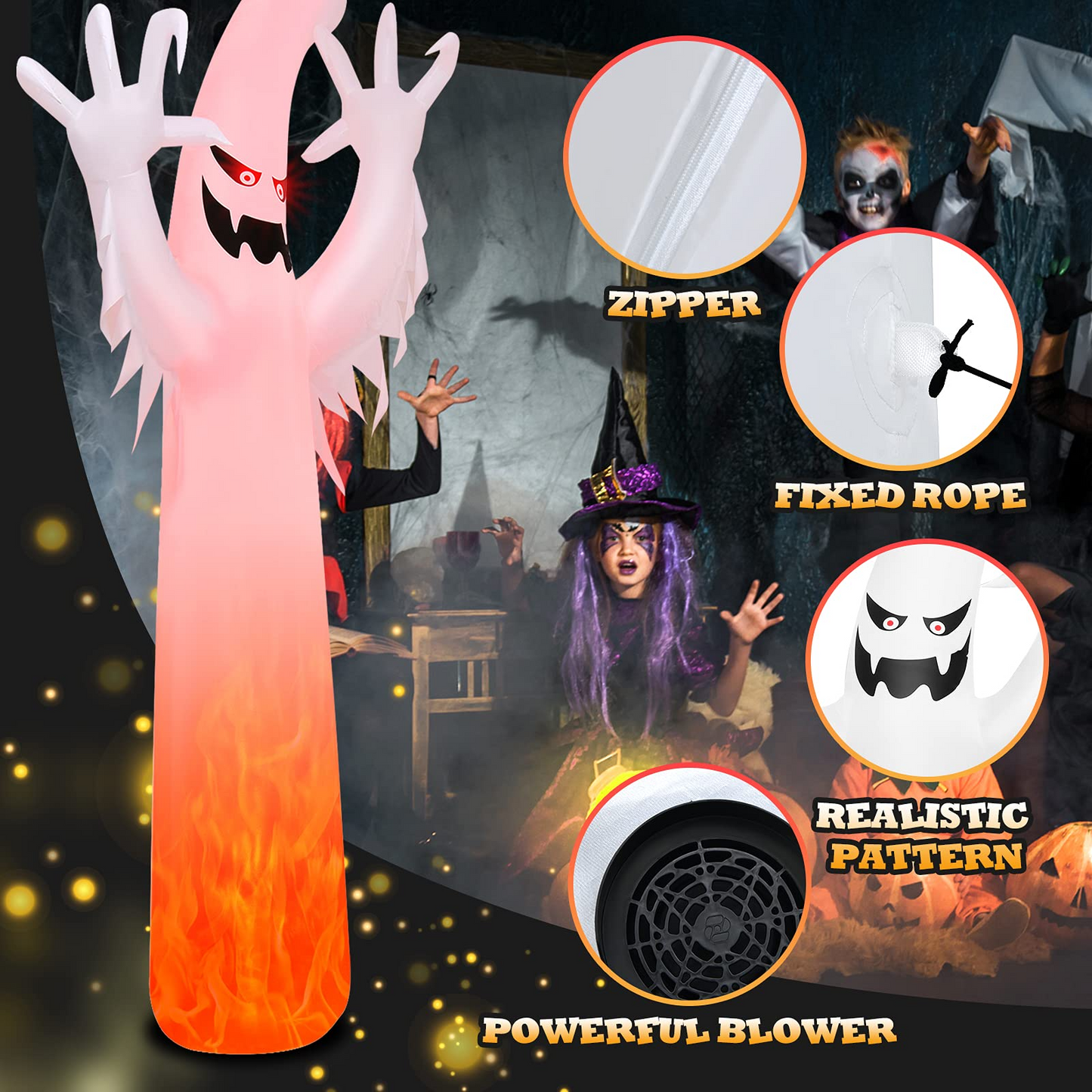 Tangkula 12 FT Halloween Inflatable Ghost W/ Rotating Flame LED Lights, Air Blower, Stake, Sandbag