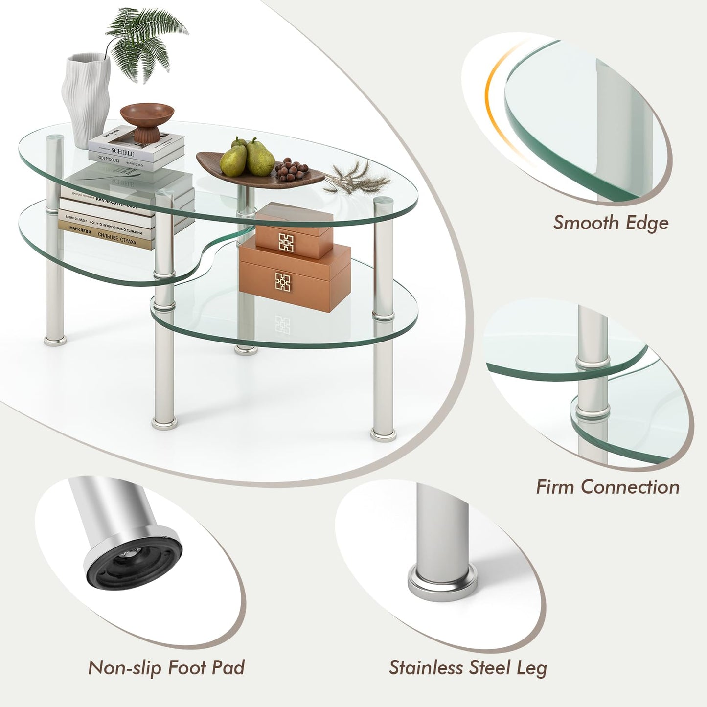 Glass Coffee Table, 2-Tier Modern Oval Smooth Glass Tea Table End Table