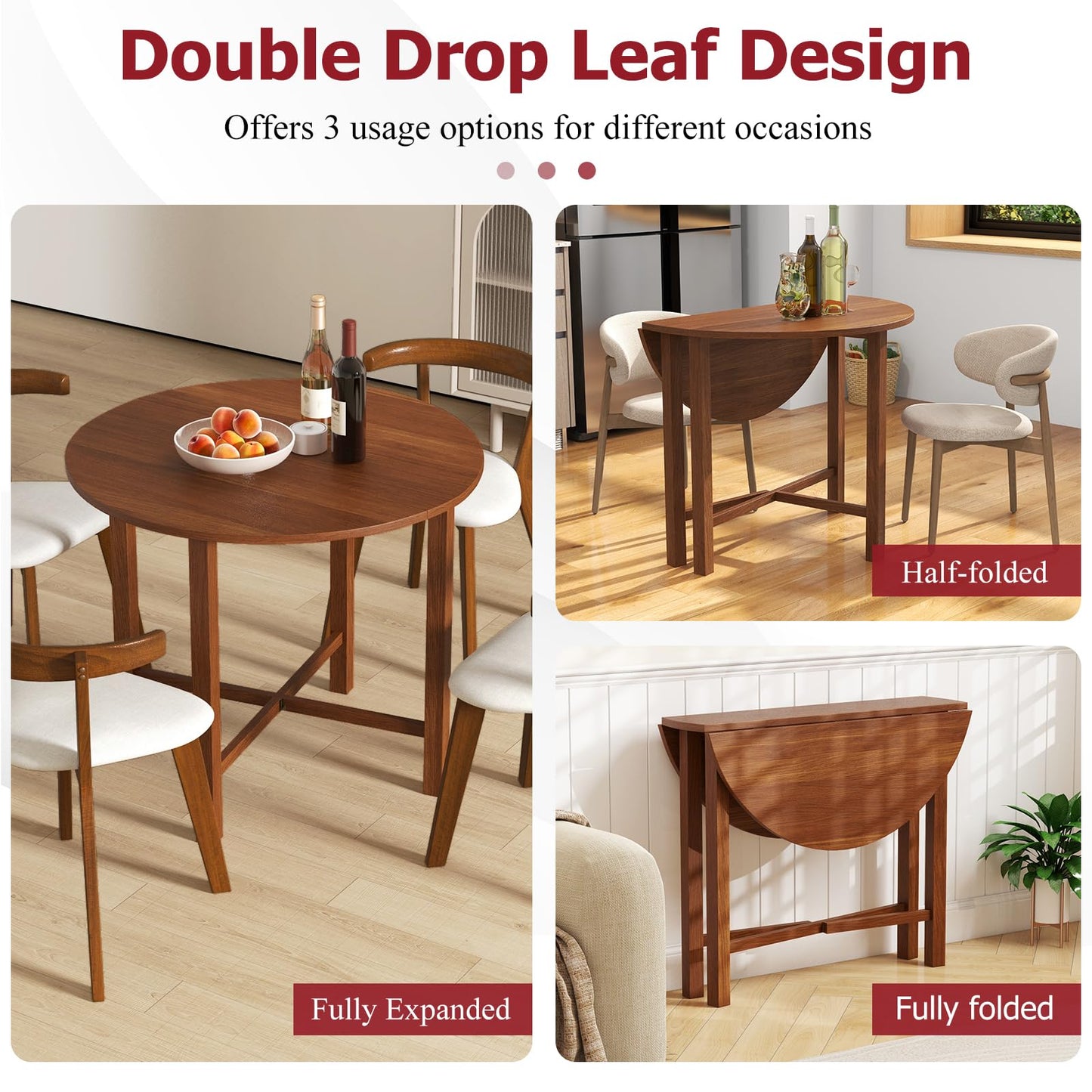 Tangkula 36" Foldable Round Dining Table w/Solid Rubber Wood Legs