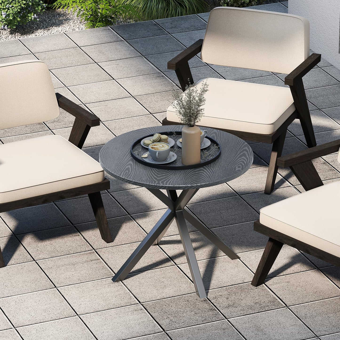 Tangkula Round Patio Dining Table with Wood-Like Top & X-Shaped Legs