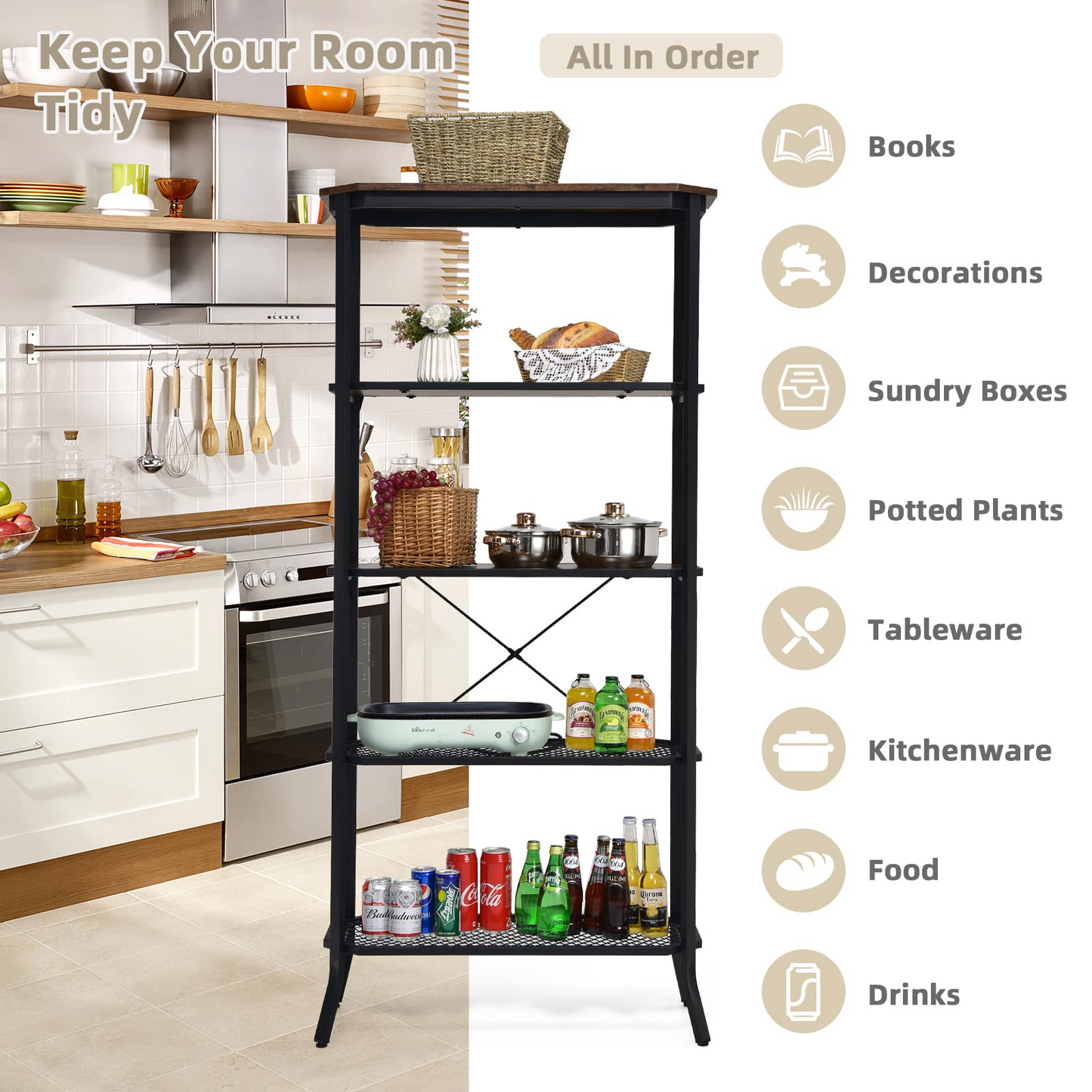Tangkula 5 Layer Bookshelf, Freestanding Storage Shelving Unit with Steel Frame
