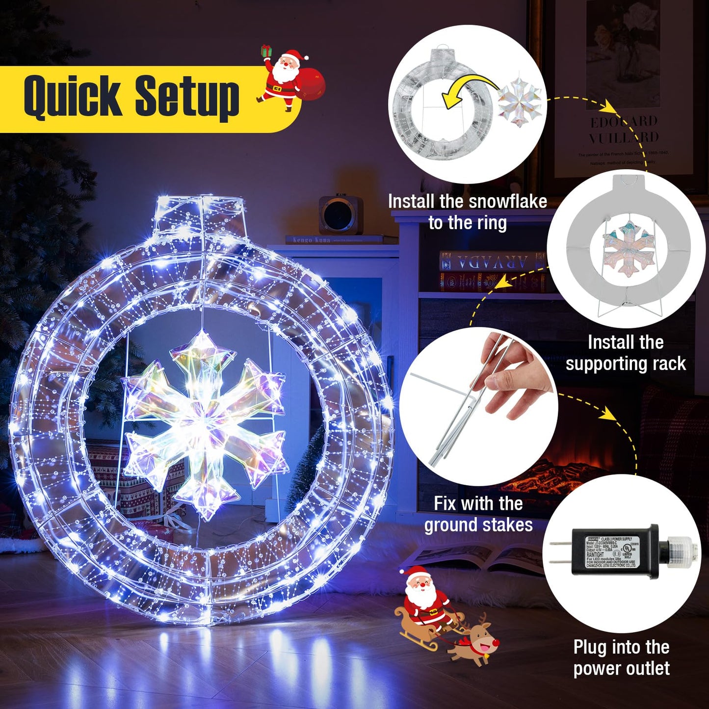 Tangkula 33 Inch Lighted Snowflake Christmas Wreath w/Hanging Ring & Support Bracket
