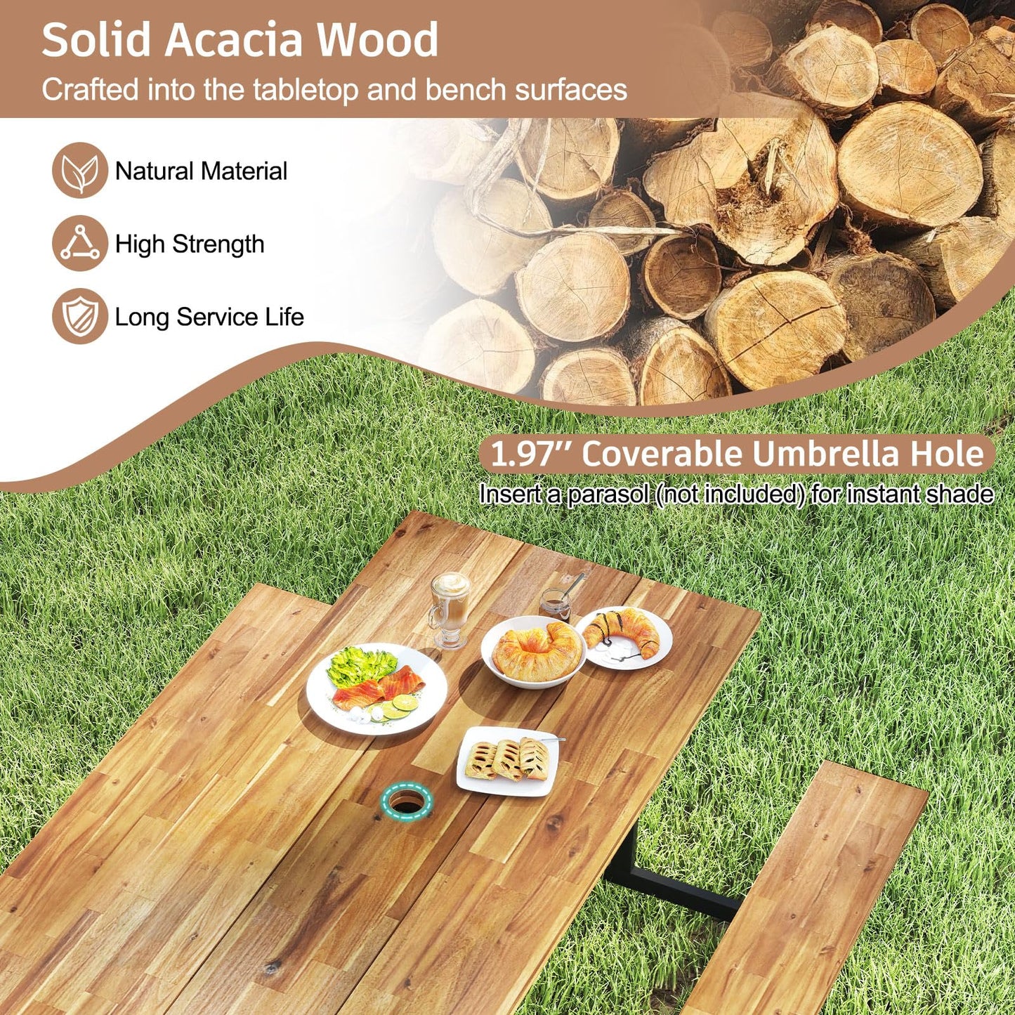 Tangkula 6 Person Acacia Wood Picnic Table with 2 Built in Benches