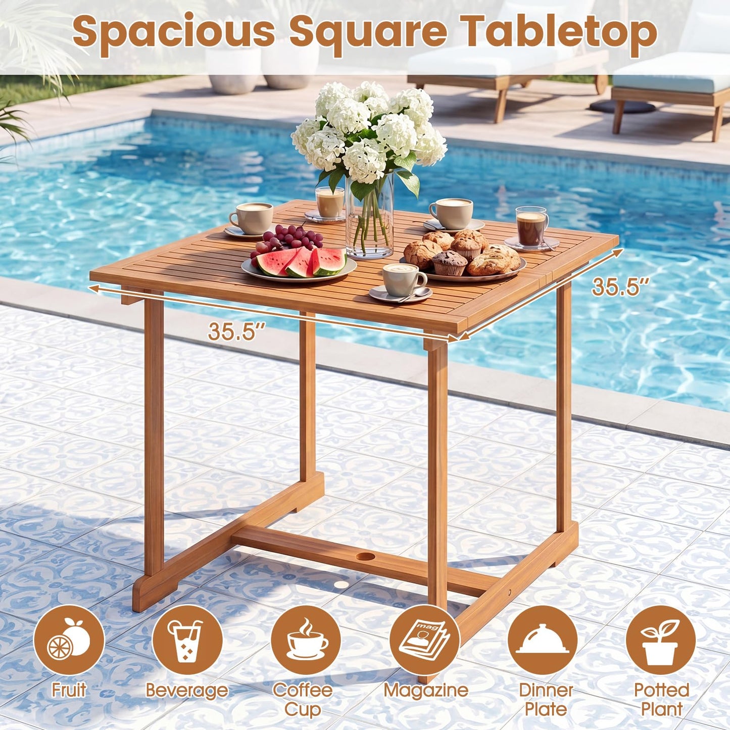 Tangkula 35.5" Acacia Wood Square 4-Person Patio Table with Umbrella Hole