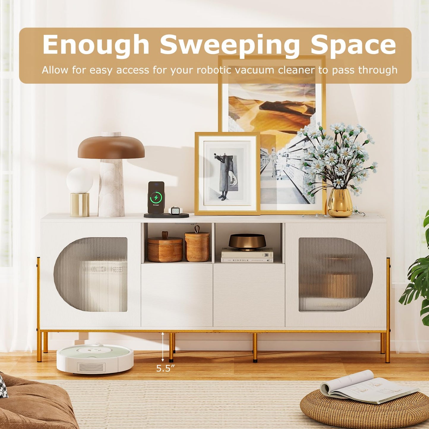 Tangkula 65”L White TV Stand for 55”-70” Televisions