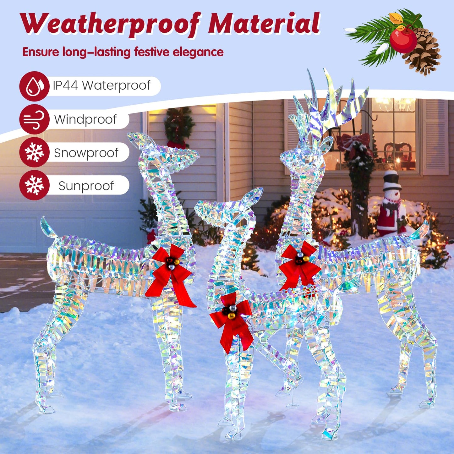 Tangkula 3-Piece Christmas Lighted Iridescent Reindeer Family Set, Xmas Pre-Lit Deer with 230 LED Lights