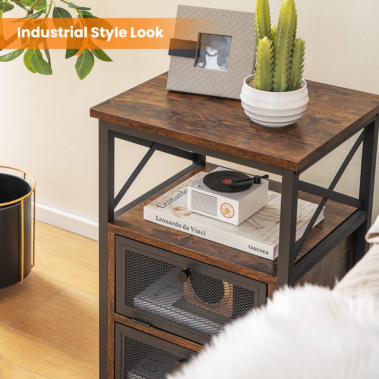 Tangkula Table d'appoint de canapé industrielle polyvalente avec étagère de rangement ouverte et 2 tiroirs basculants