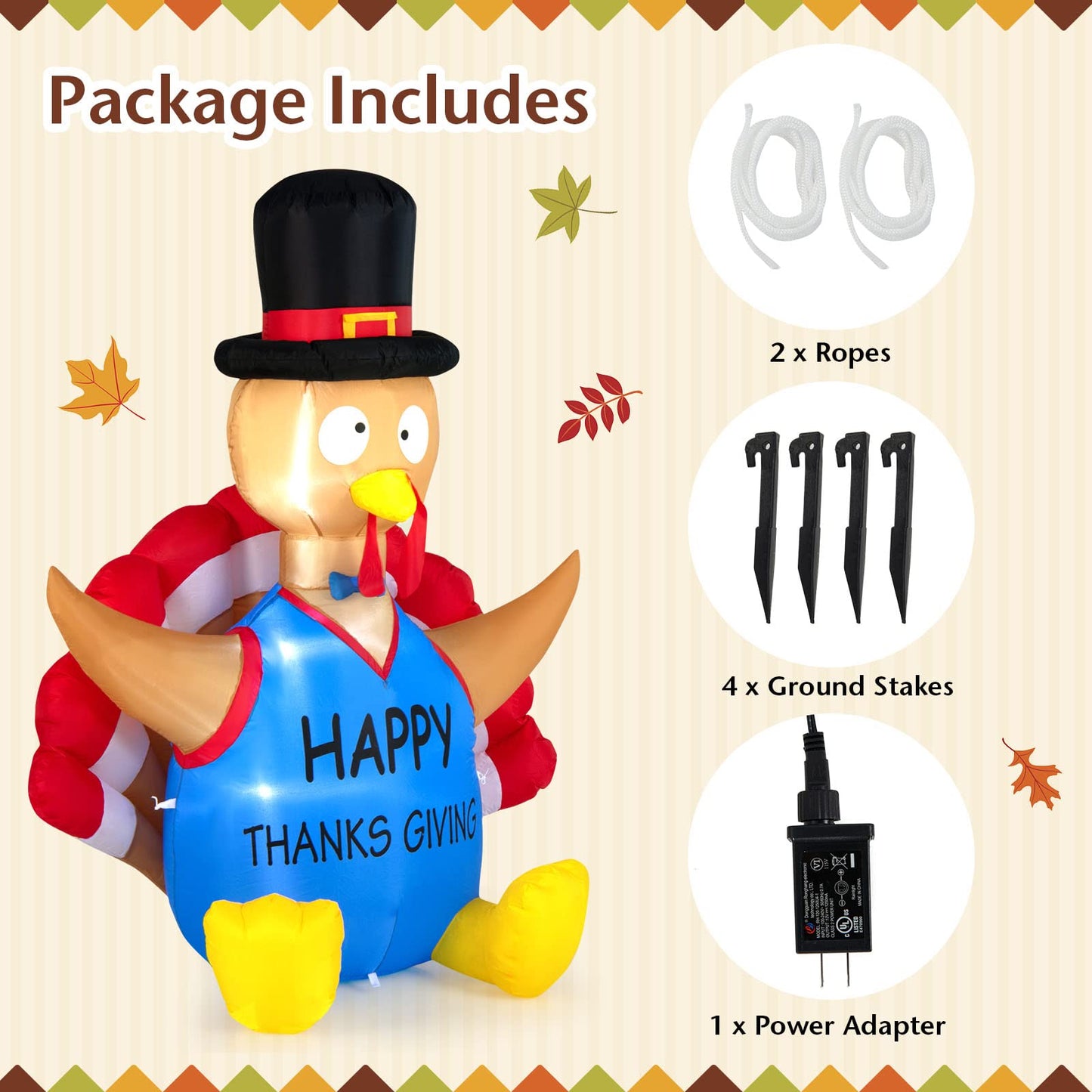 Tangkula 6 FT Thanksgiving Inflatable Turkey, Lighted Thanksgiving Decorations for Lawn, Garden, Party