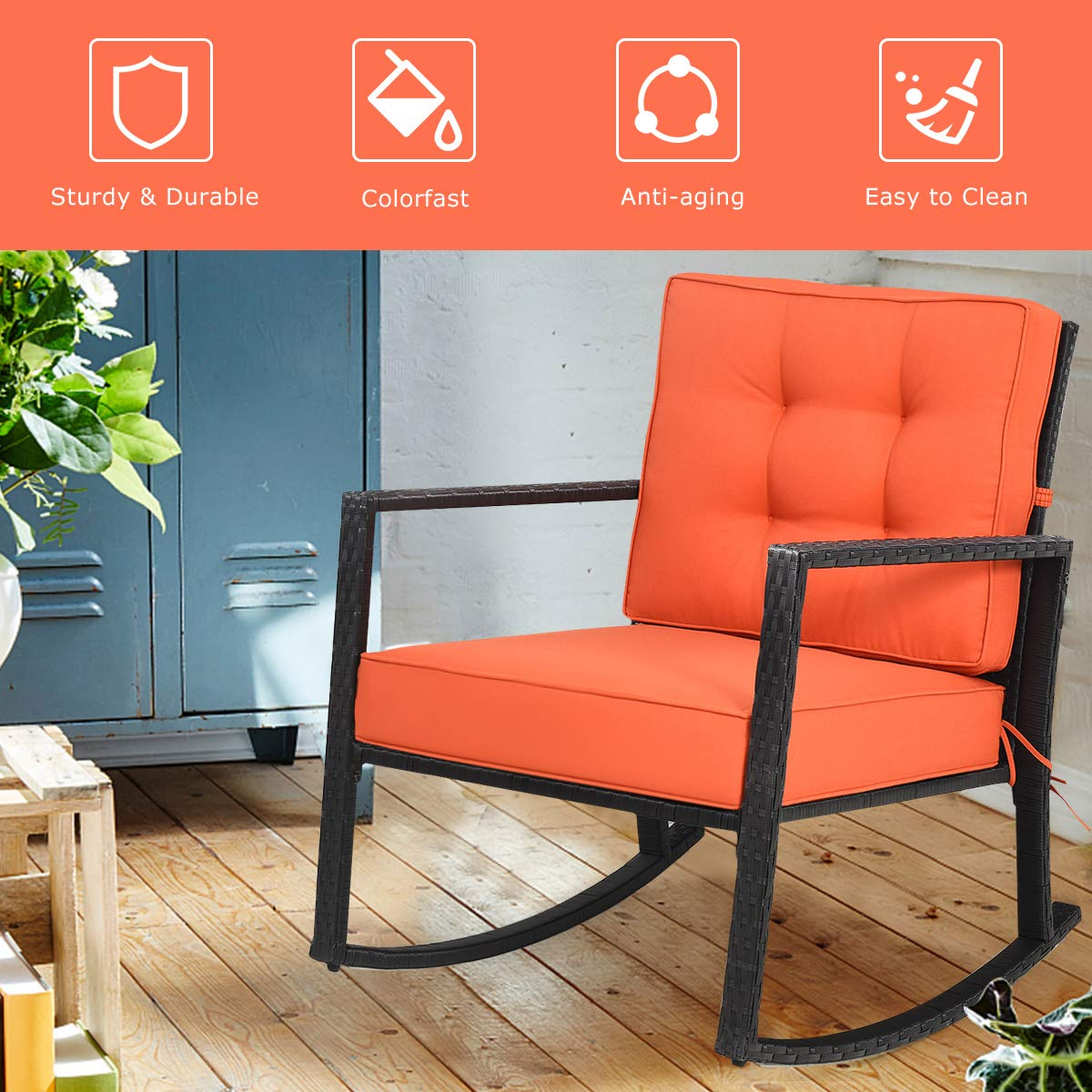 Tangkula Wicker Rocking Chair, Outdoor Glider Rattan Rocker Chair with Heavy-Duty Steel Frame