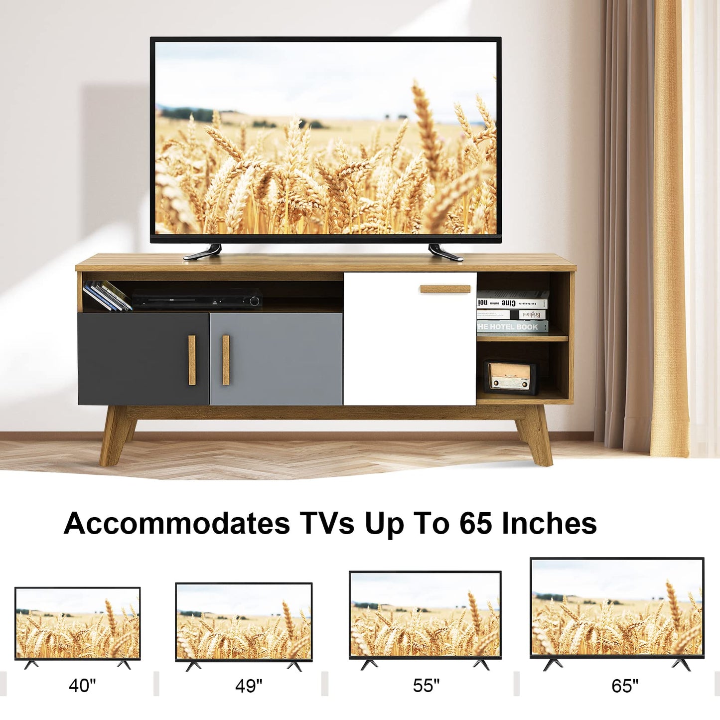 Tangkula Modern TV Stand, Wood TV Console Table for TVs up to 65 Inch, Entertainment Center with 3 Storage Cabinets (Natural)