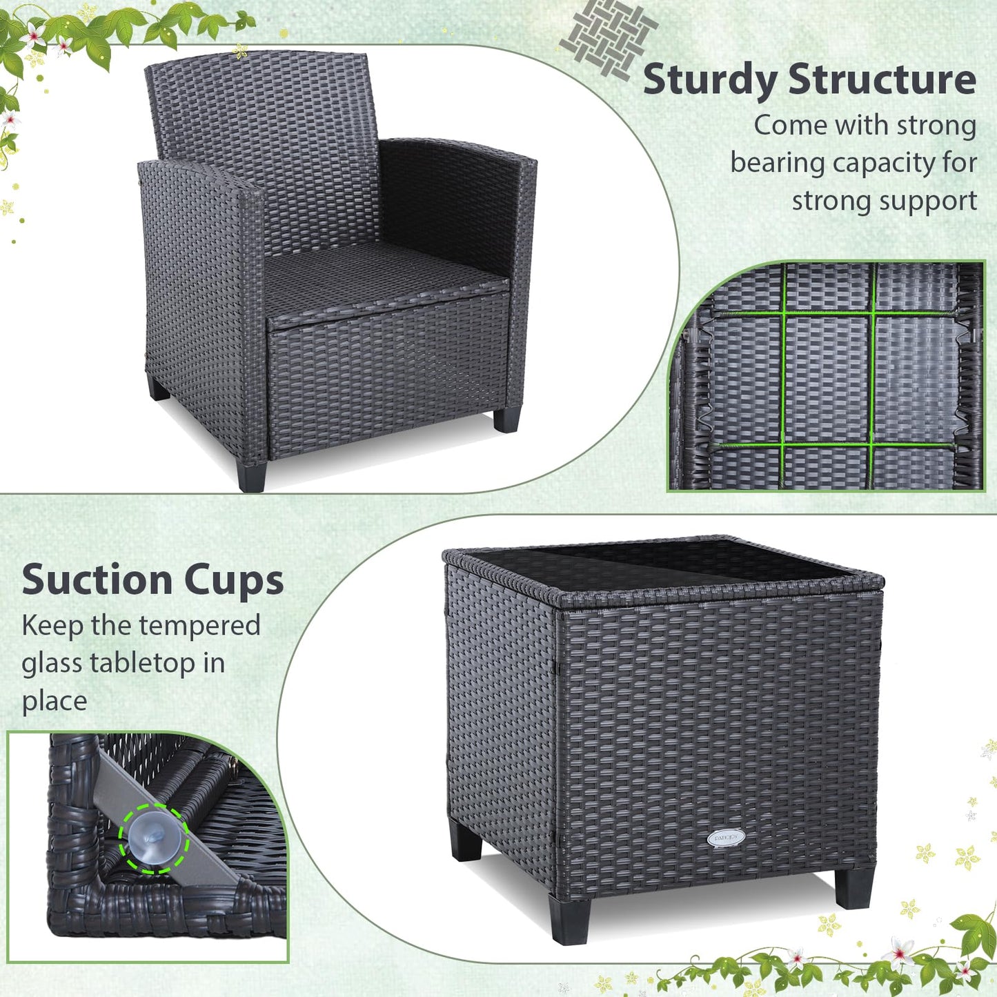 Tangkula 3 Pieces Patio PE Wicker Furniture Set with 4 Bonus Cushion Covers