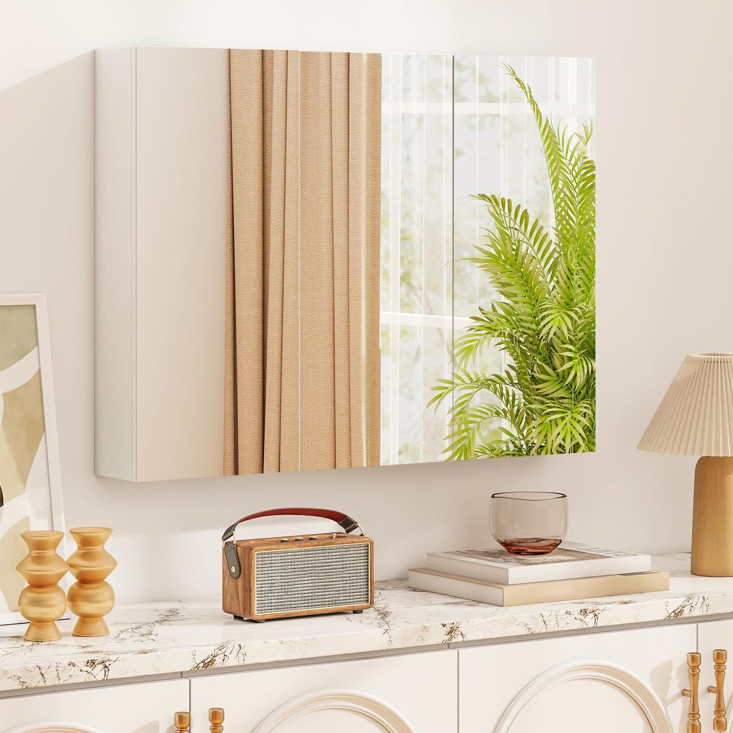 Tangkula 36" Wide Wall Mount Mirrored Bathroom Medicine Cabinet Storage 3 Mirror Door