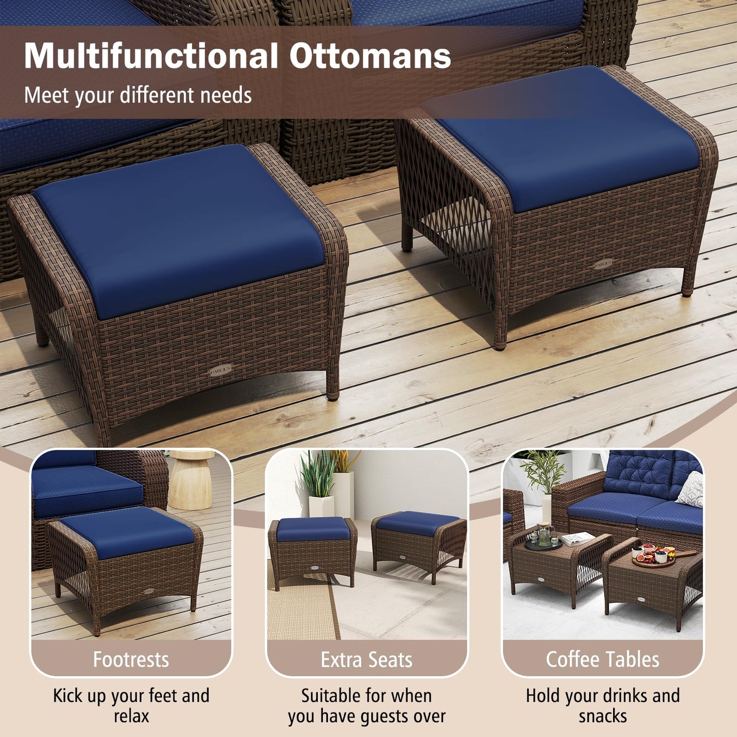 Tangkula 2 Pieces Patio Wicker Ottomans with Removable Cushions for Additional Seating