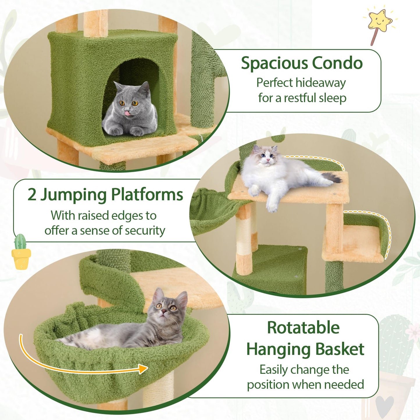 Tangkula Cactus Cat Tree, 63 Inch Multi-Level Tall Cat Tower with Sisal Scratching Posts & Board