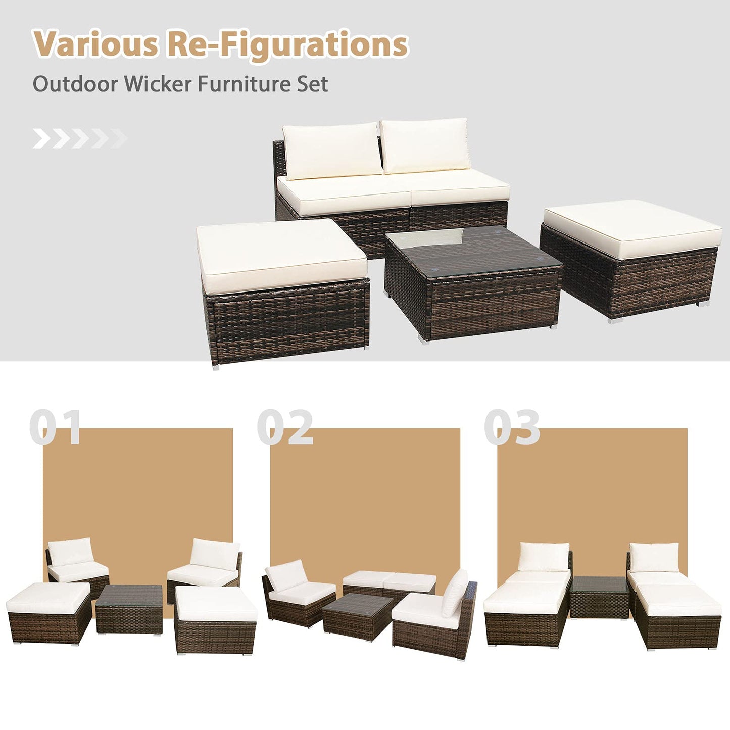 5 Piece Wicker Lounge Chair Set, with Tempered Glass Coffee Table