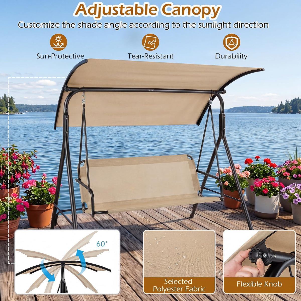 Tangkula 3 Seat Outdoor Patio Swing Chair with Breathable Mesh Fabrics