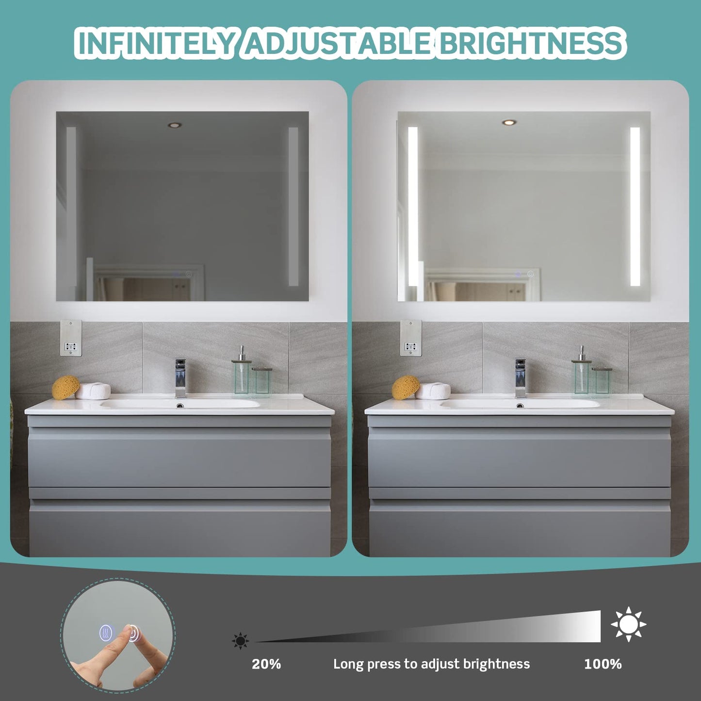 Tangkula 80CMx60CM LED Bathroom Mirror with Steplessly Adjustable Brightness