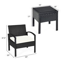 Tangkula 3 Piece Patio Conversation Set, Outdoor Rattan Sofa Set with White Seat Cushions & Coffee Table