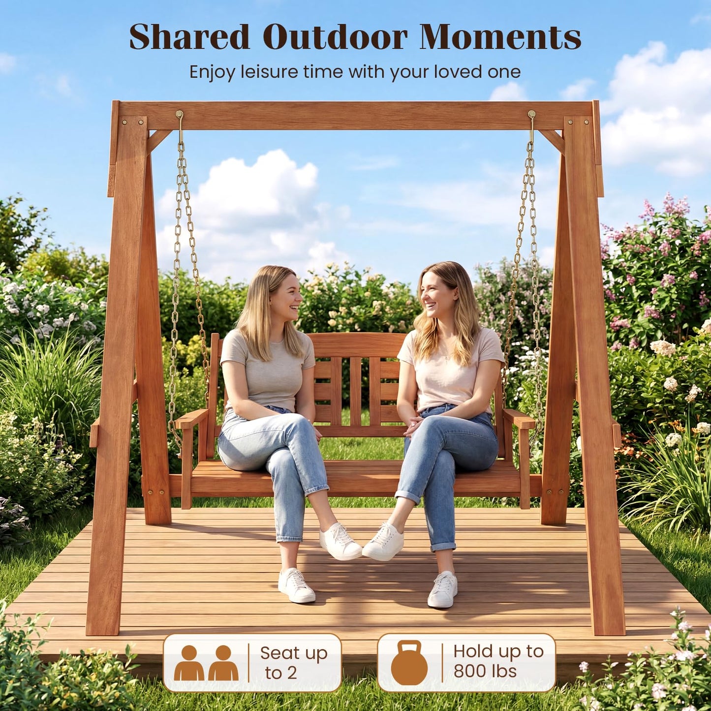 Tangkula 2-Seater Wood Porch Swing with Stand
