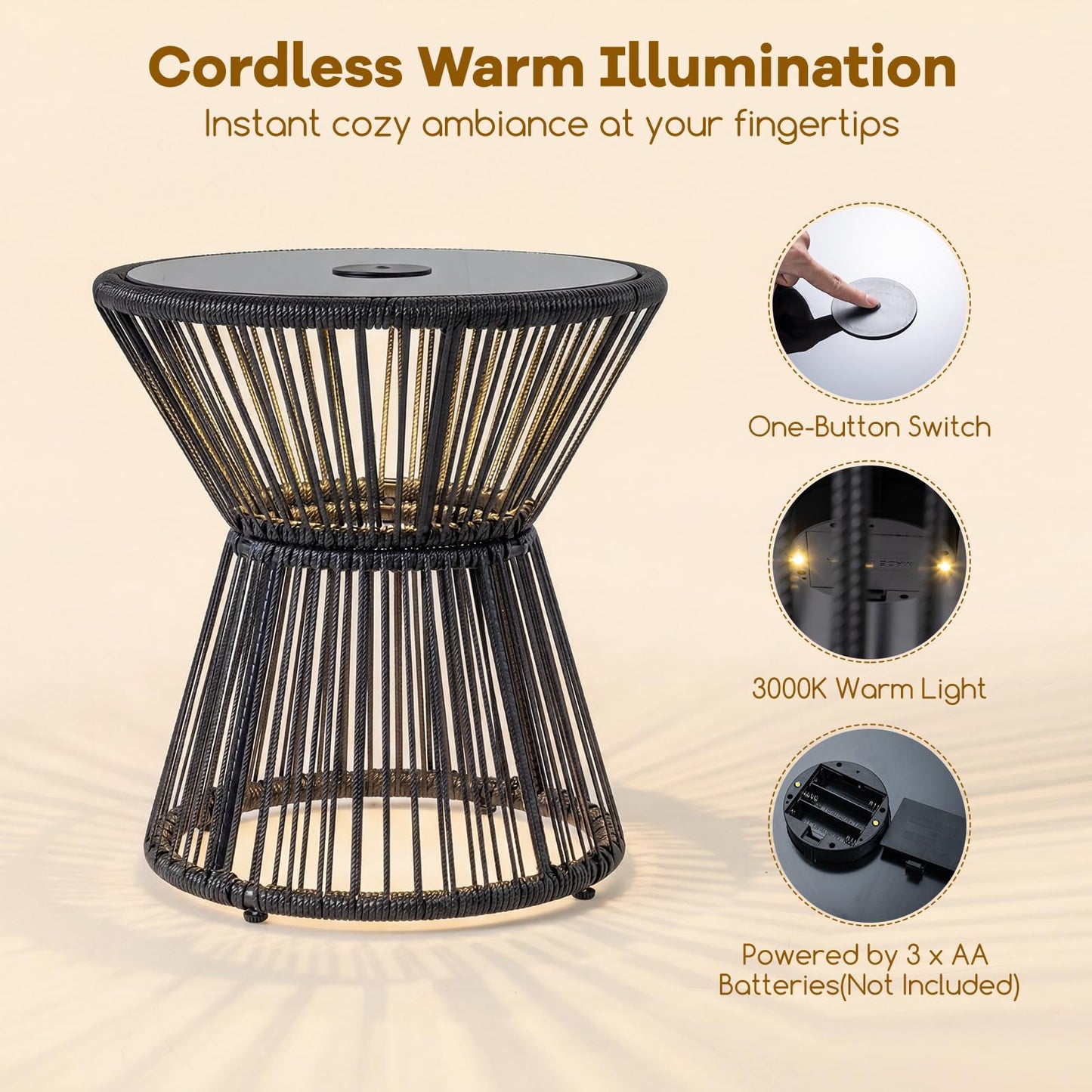 Tangkula PE Rattan Hourglass-Shaped Outdoor Side Table with LED Warm Light (1/2)