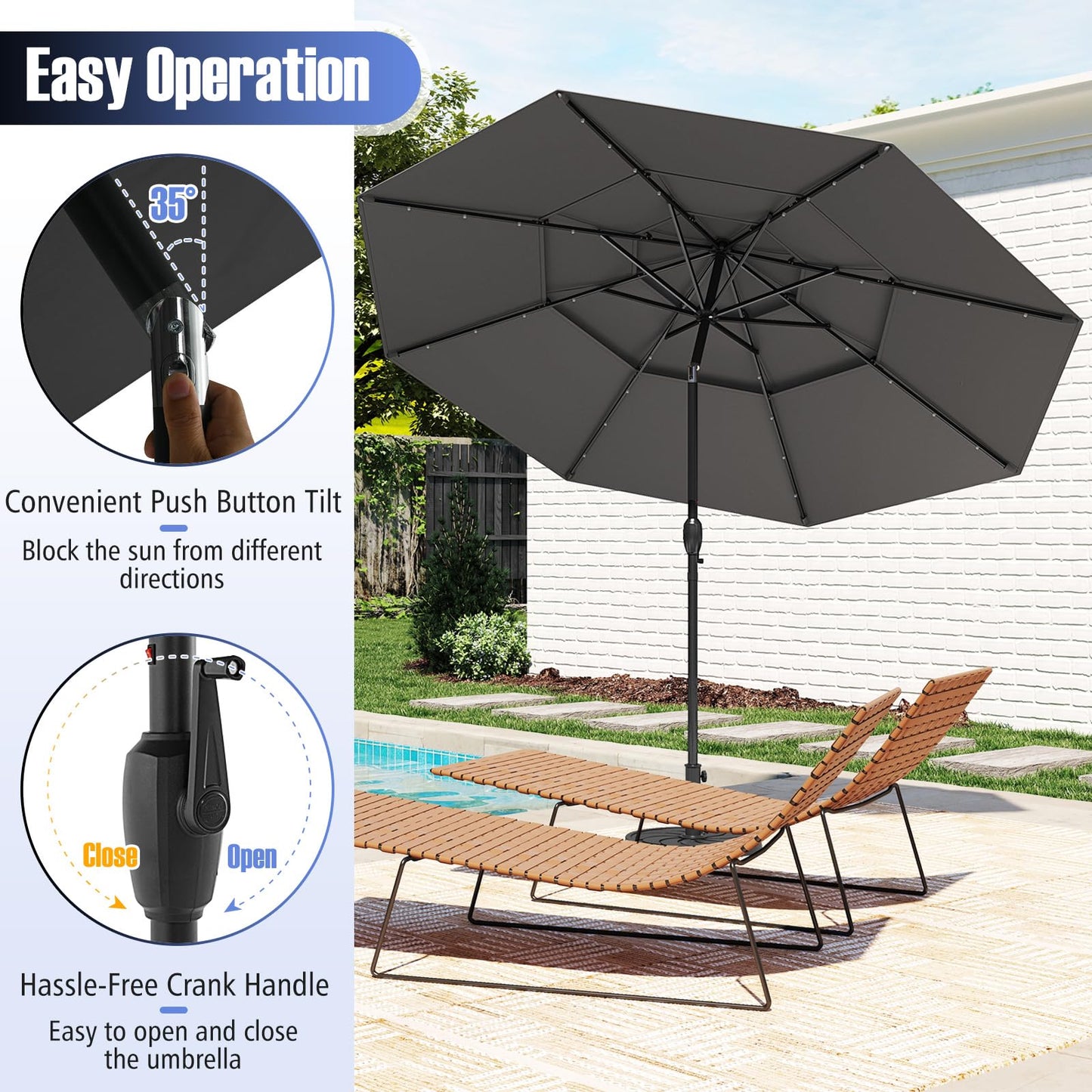 Tangkula 10 FT Solar LED Patio Umbrella 3-Tier Vented Outdoor Market Table Umbrella