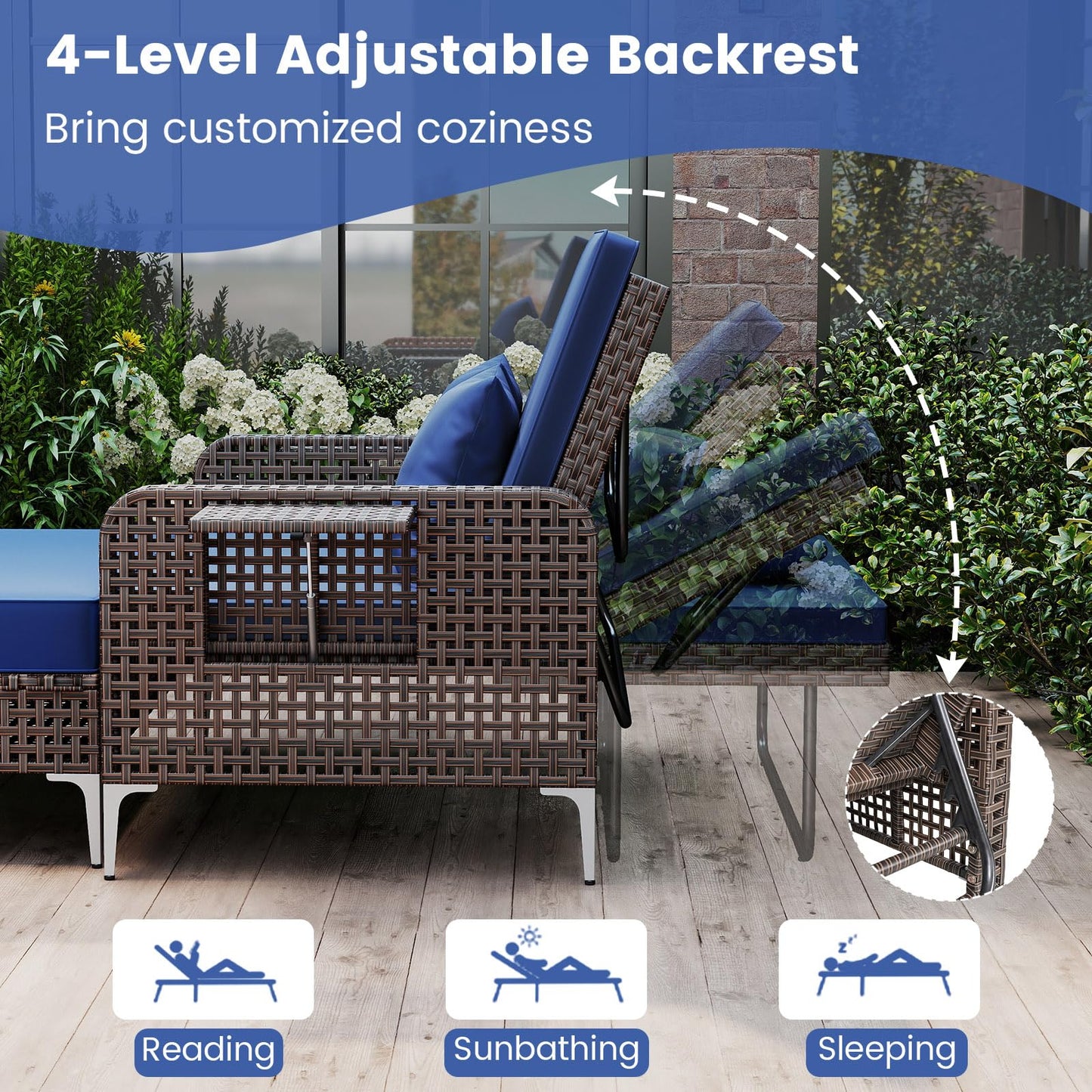 Tangkula Patio Rattan Daybed with 4 Level Adjustable Backrest
