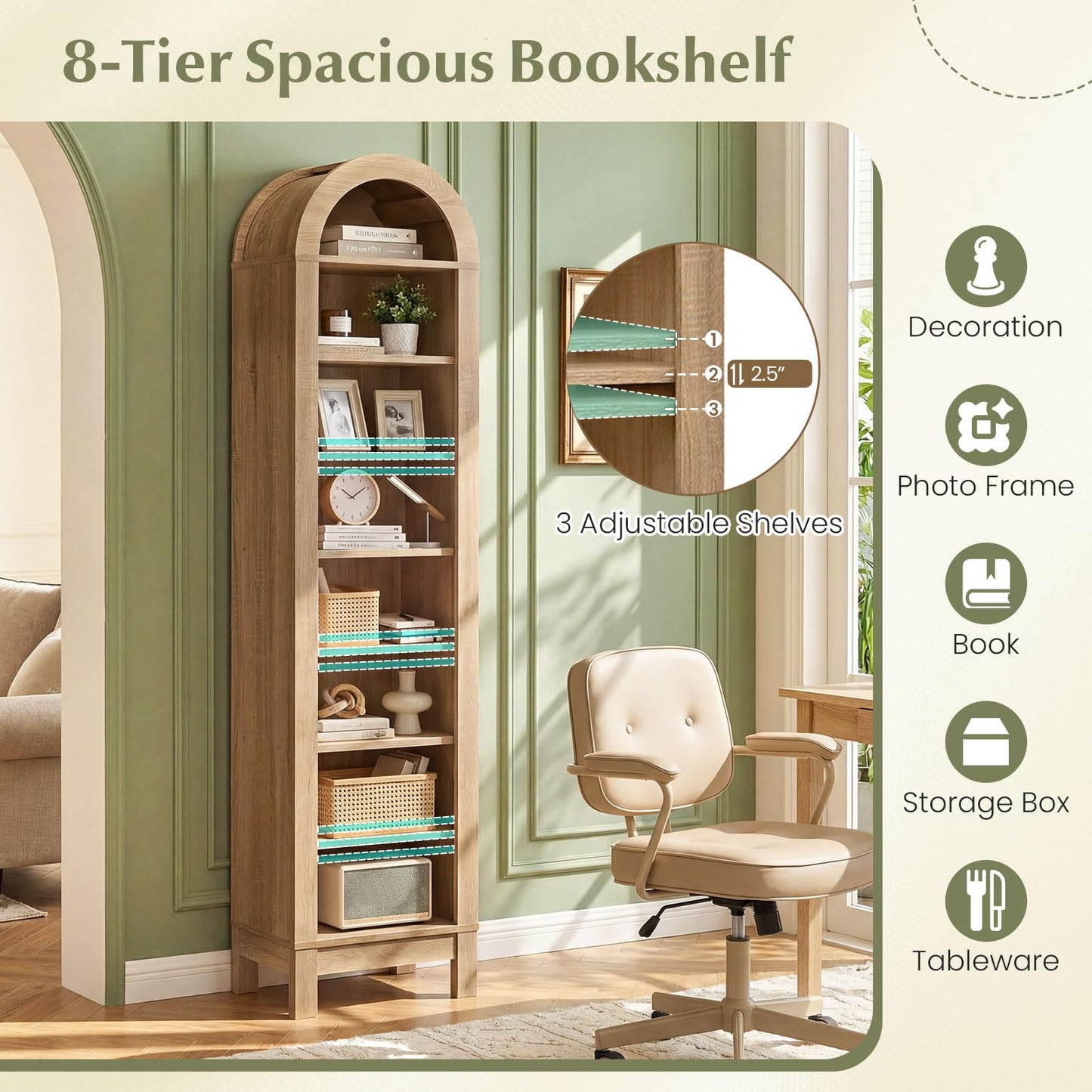 Tangkula 71" Tall Arched Bookcase for Living Room