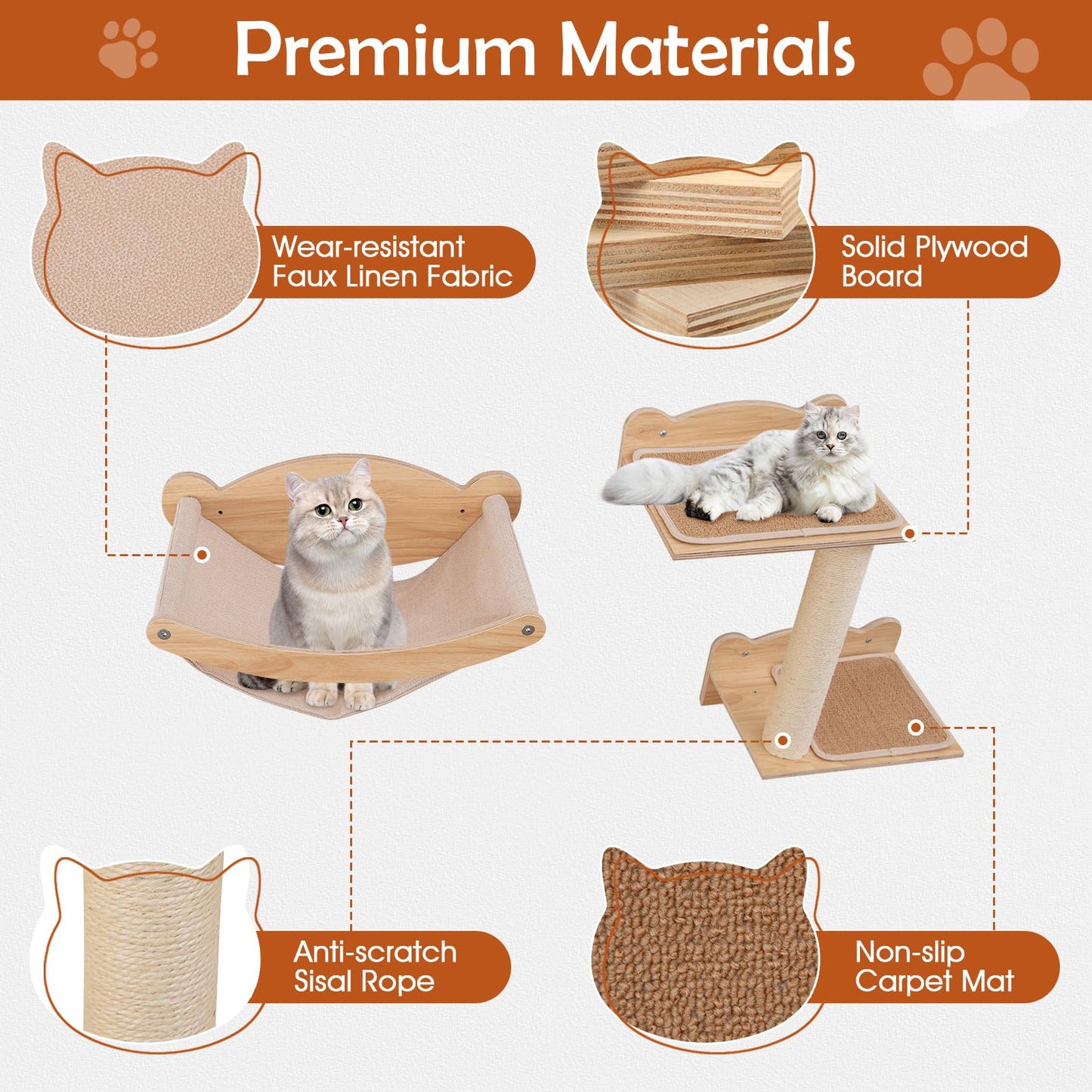 Tangkula Cat Wall Shelves, Wall Mounted 4pcs Kitten Furniture Set with Hammock