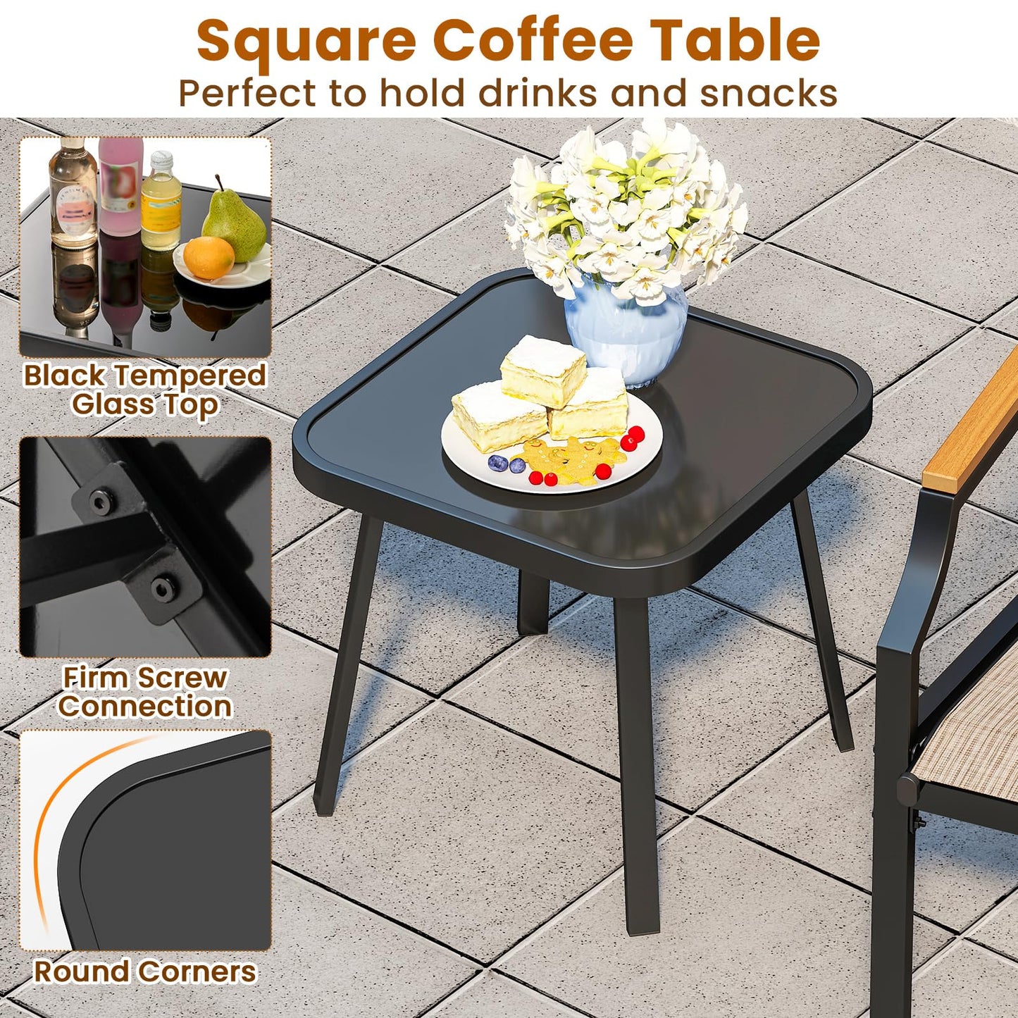Tangkula 3 Piece Outdoor Bistro Set with Breathable Fabric Seat