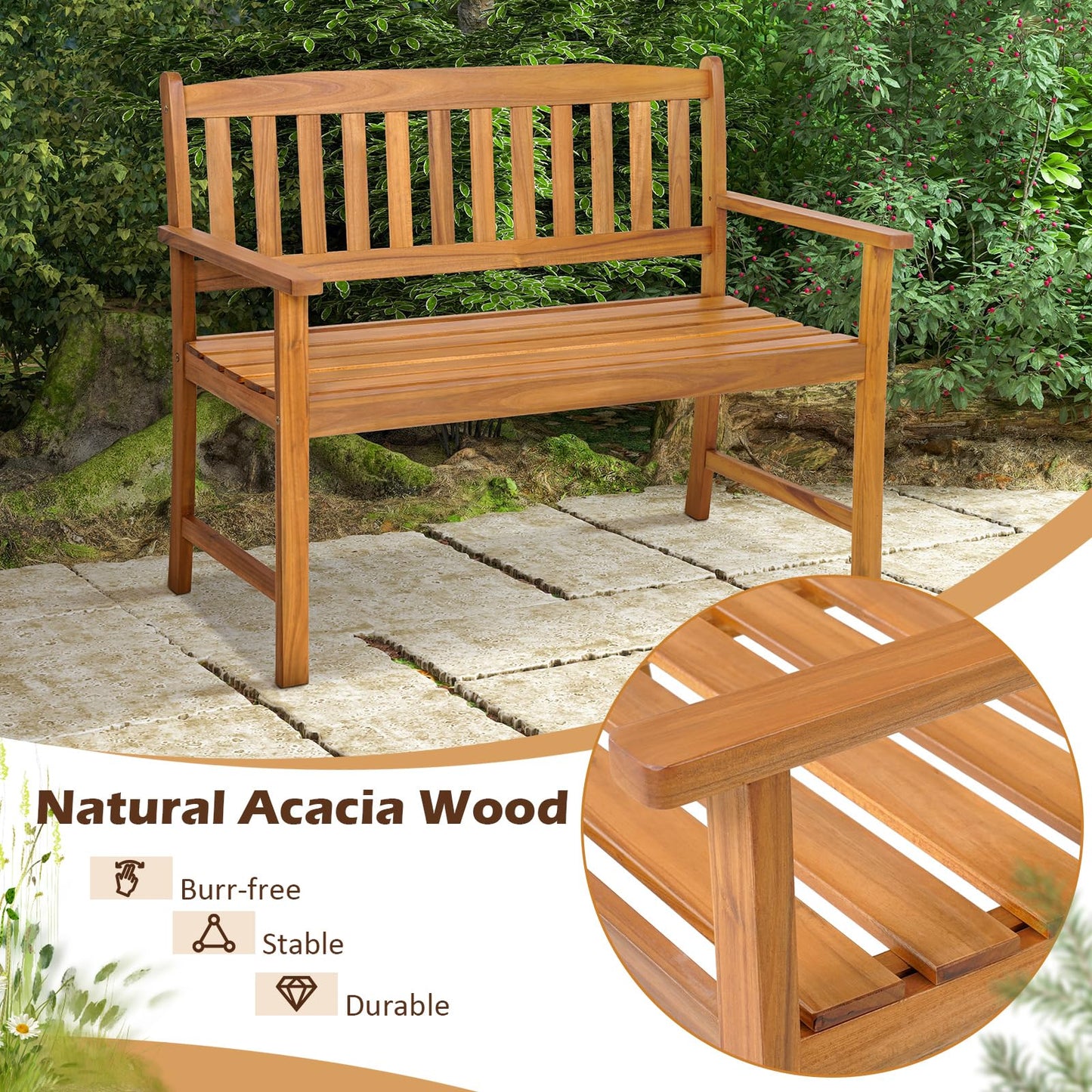 Tangkula Outdoor Acacia Wood Bench, 2-Person Garden Bench with Backrest and Armrests