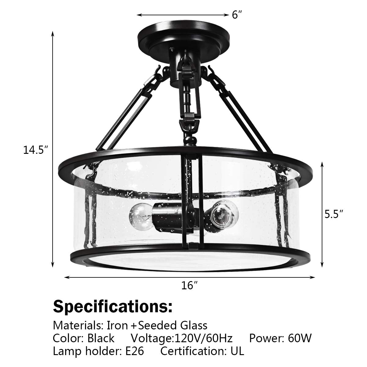 Plafonnier Tangkula Semi Flush Mount, plafonnier 3 lumières avec abat-jour en verre bullé