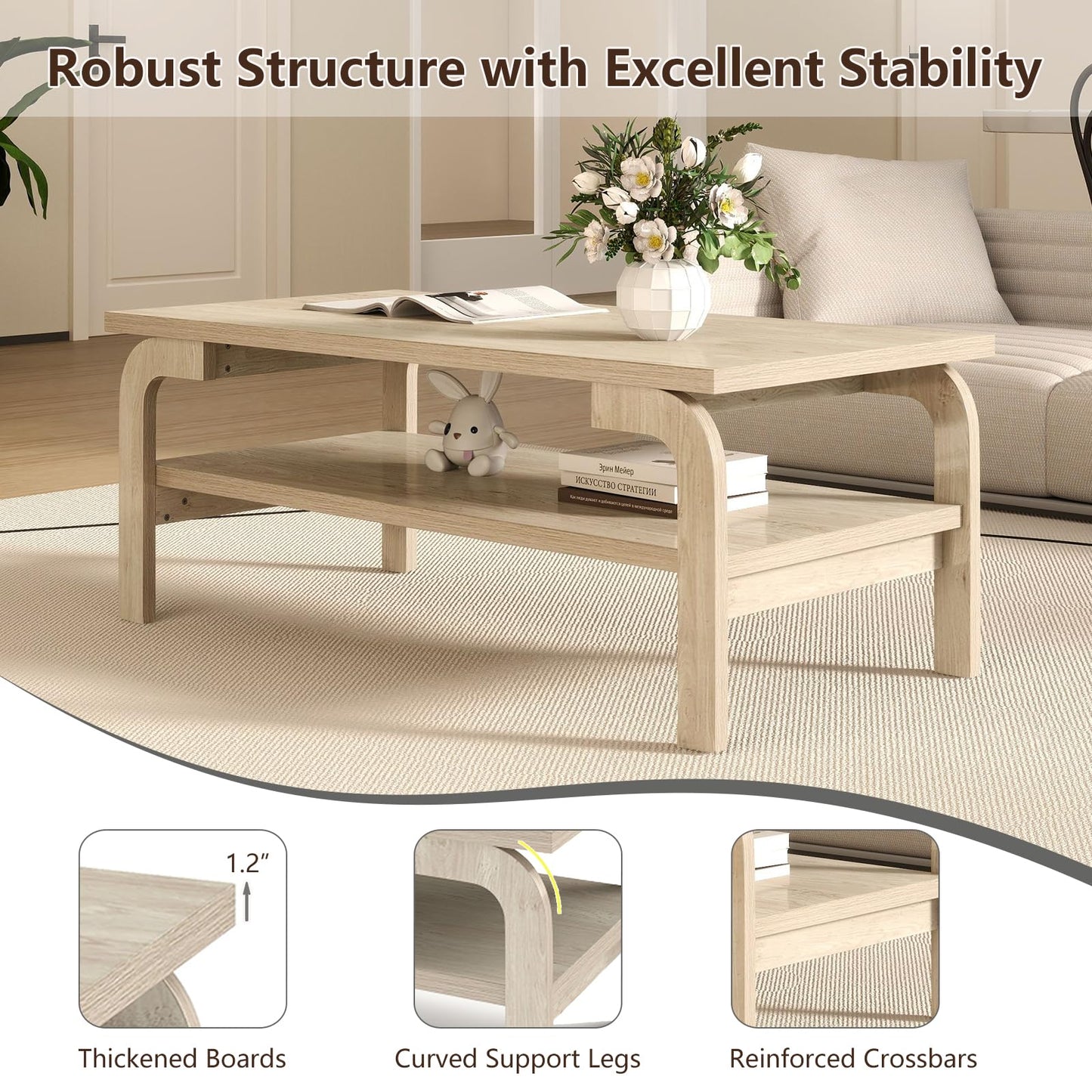 Tangkula 2 Tier Coffee Table with Large Tabletop for Living Room