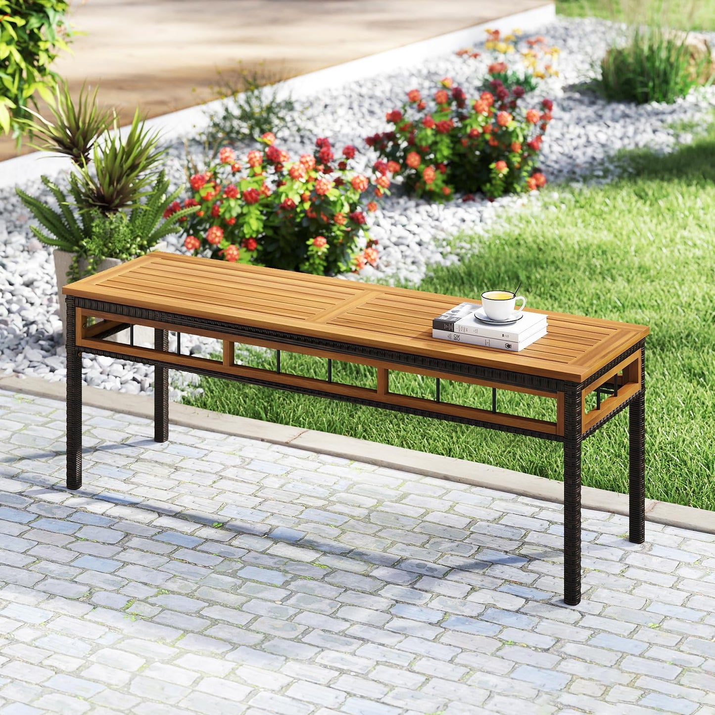 Tangkula Outdoor Wicker Bench with Removable Padded Cushion